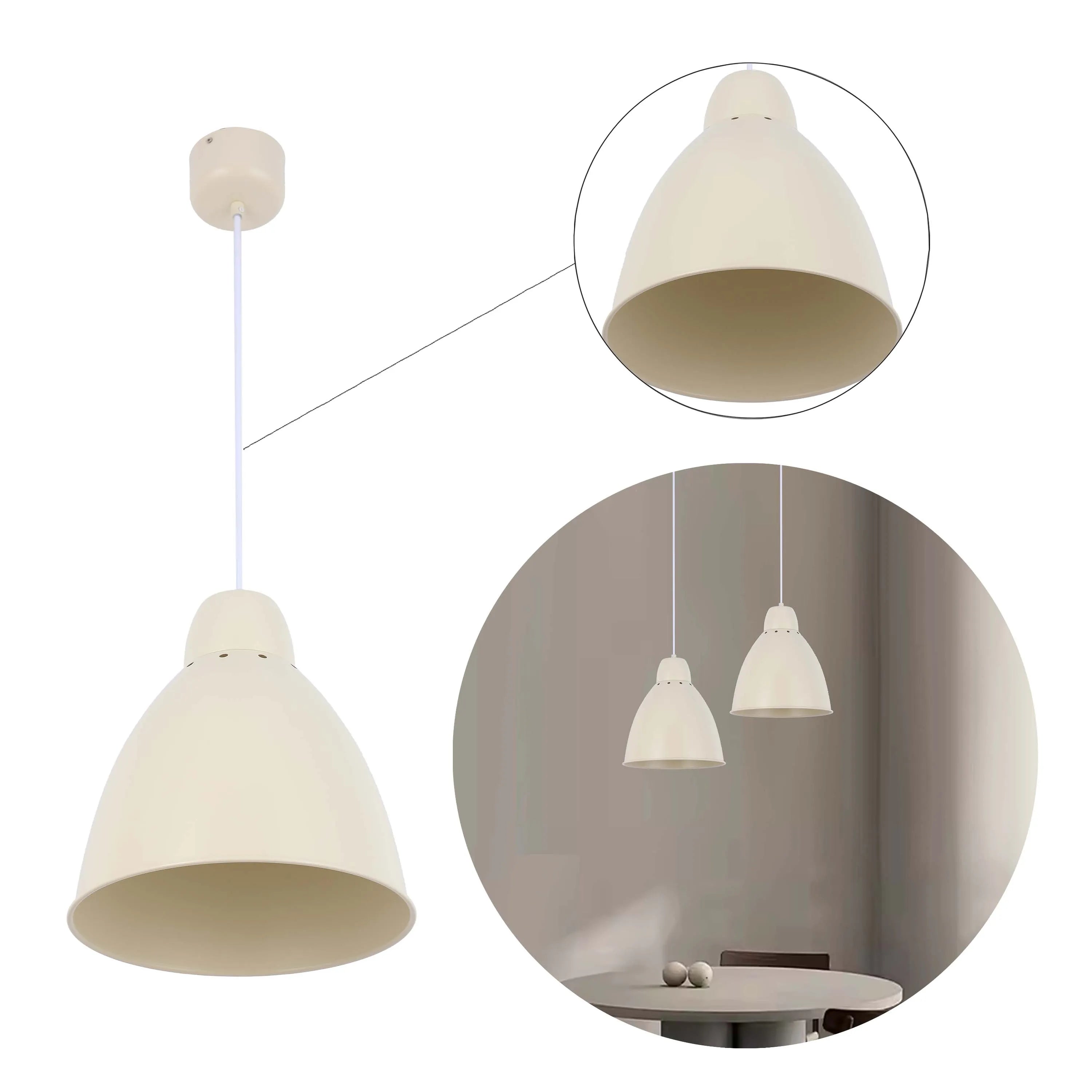 A cream coloured dome pendant light hangs in a room, with close up diagrams showing details.