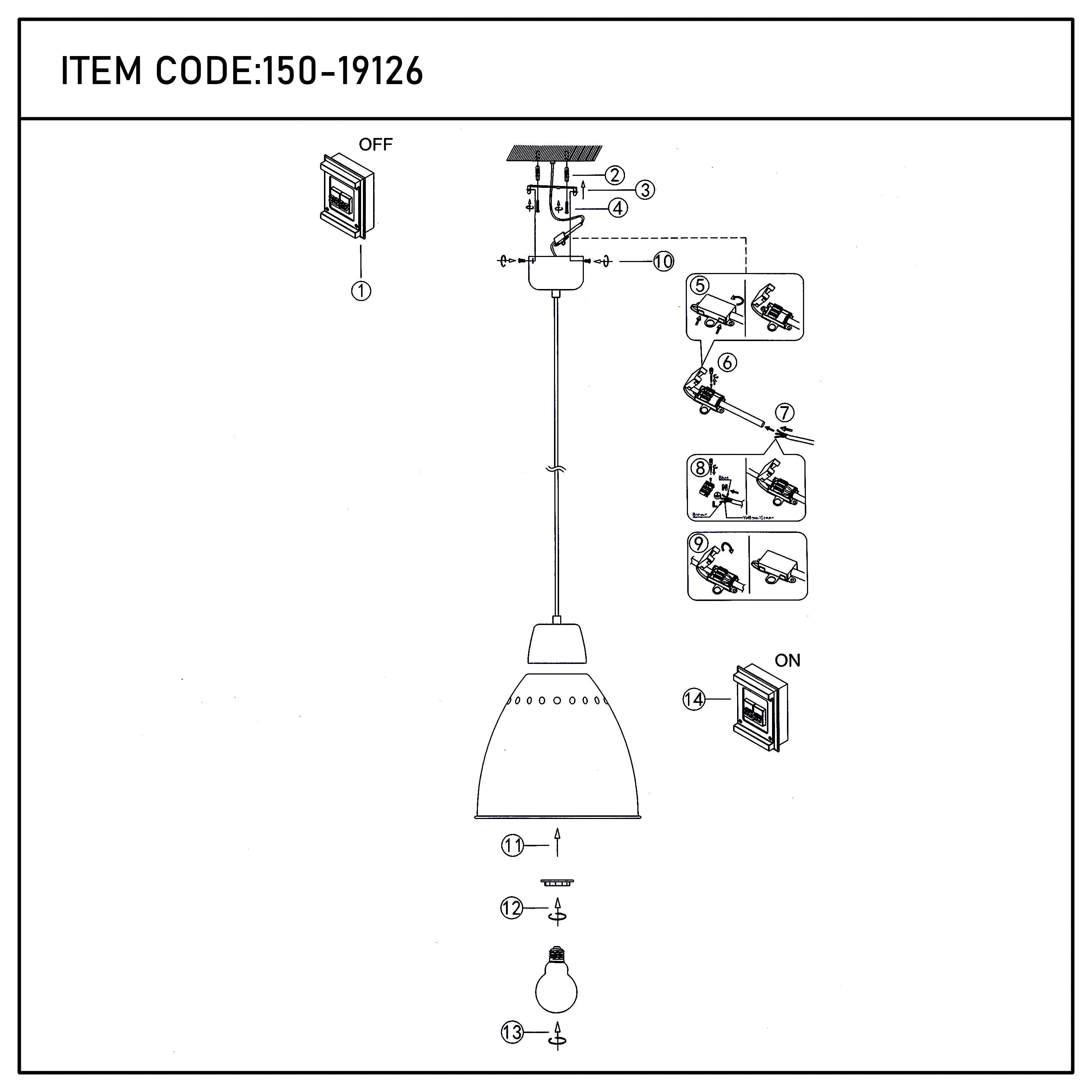 Technical diagram of a pendant light fitting with instructions on installation and how to switch on and off.