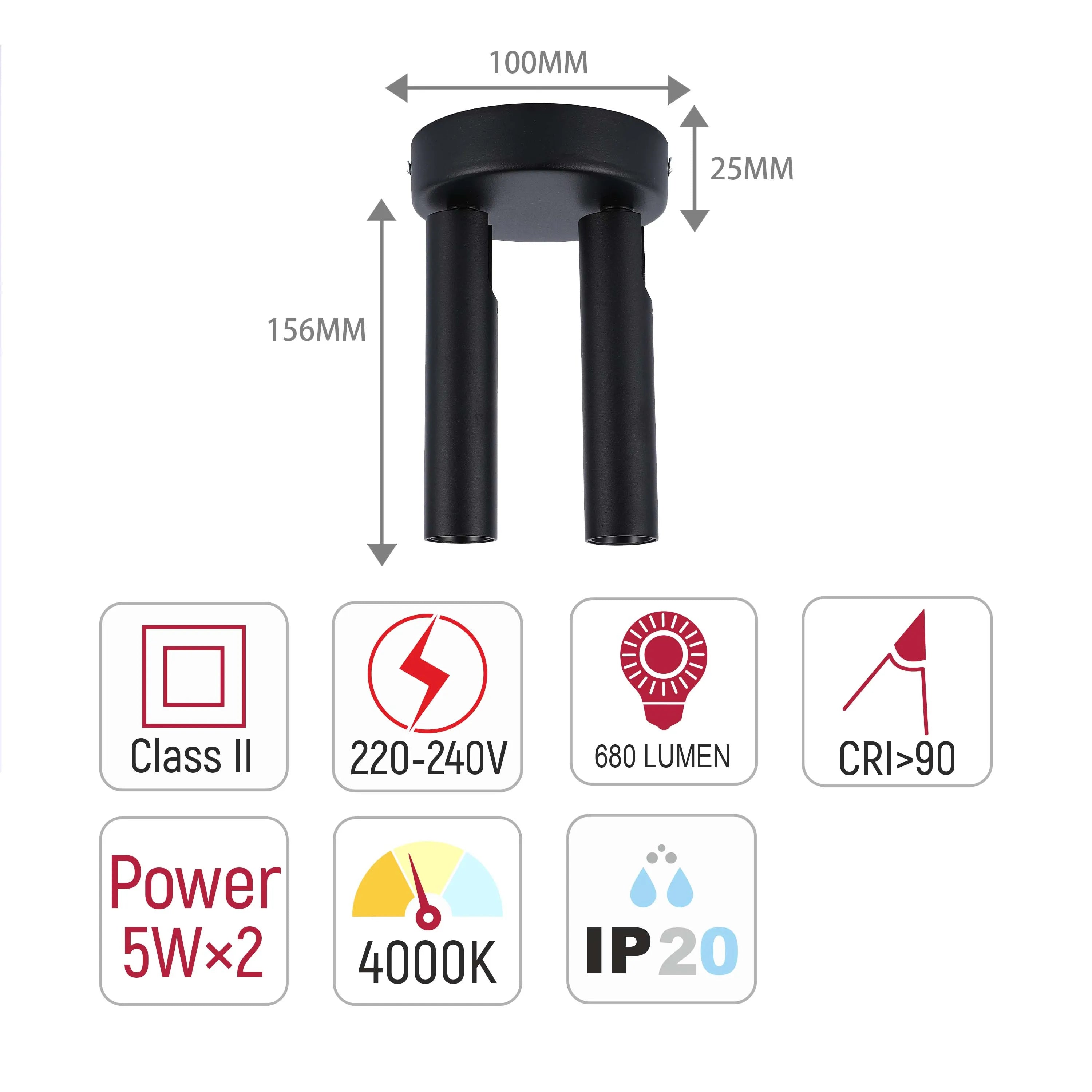 Black, modern downlight with cylindrical spotlights. Dimensions included. Power: 5W x 2, 4000K, 680 lumen, CRI>90, IP20 rating.