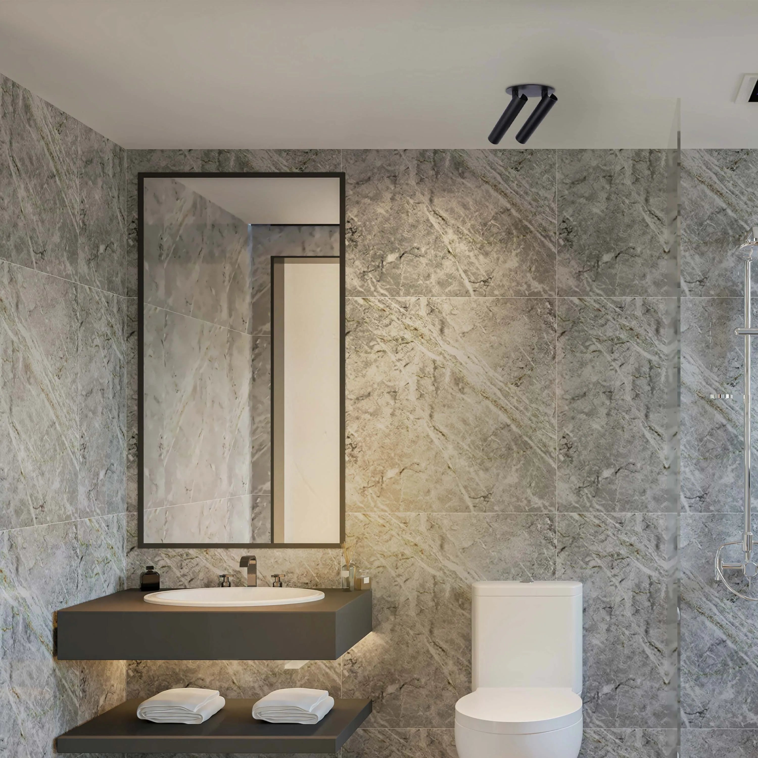 Bathroom lighting features black spotlights and sleek under-shelf lighting for a modern, ambient glow.