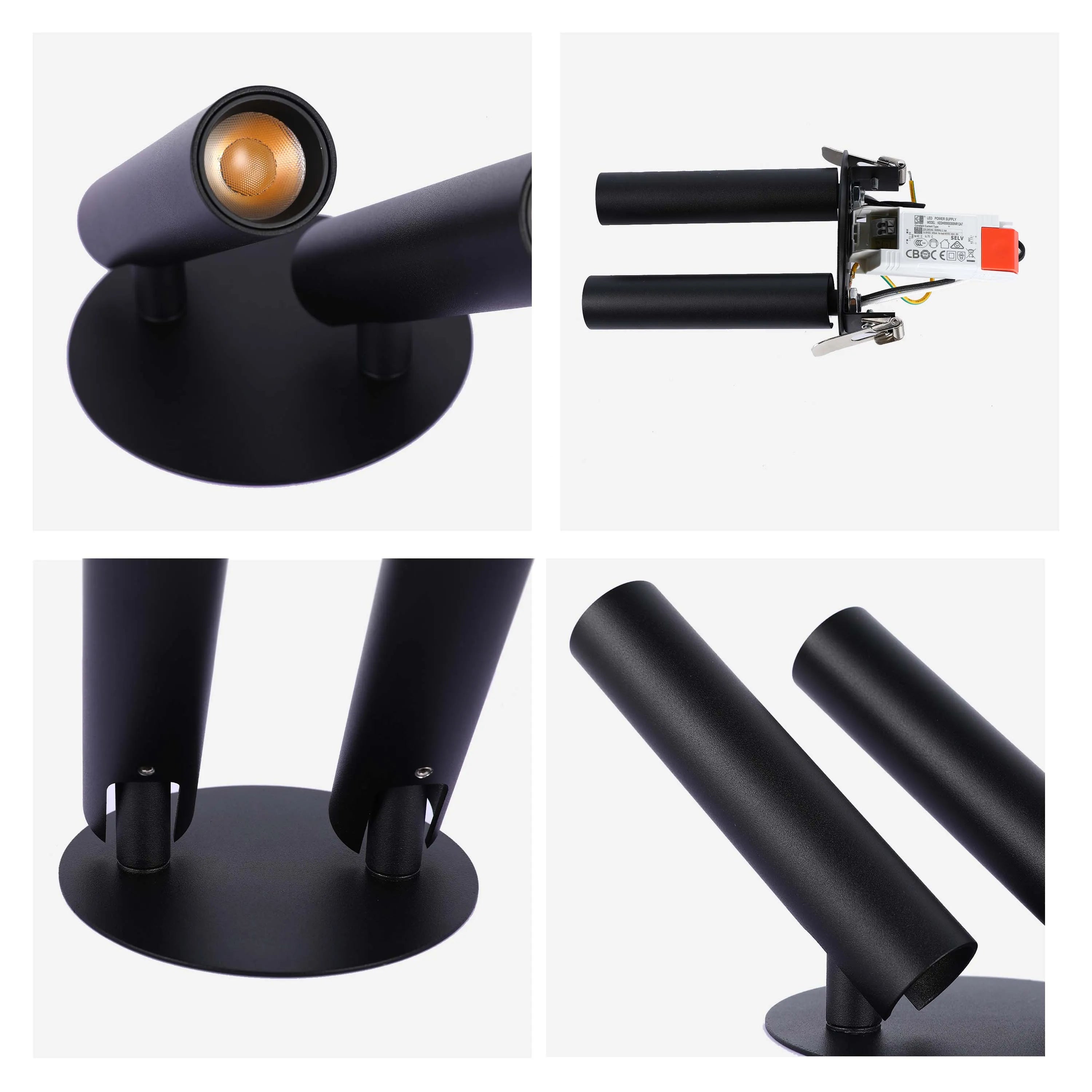 A modern, black, twin-headed, dimmable LED spotlight. A stylish lighting solution for any contemporary living space.