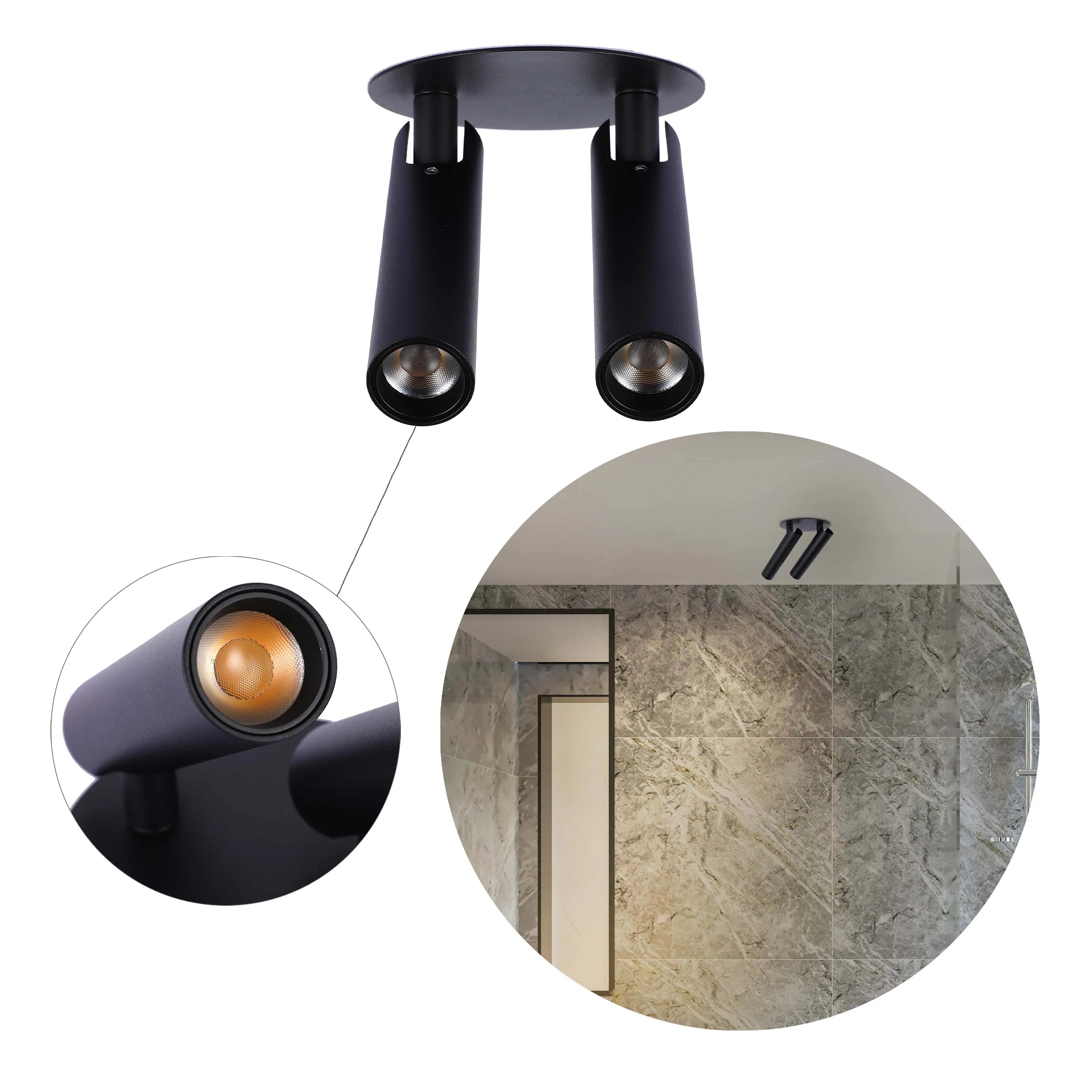 Stylish black ceiling spotlight with two adjustable bulbs, perfect for modern and contemporary interiors.