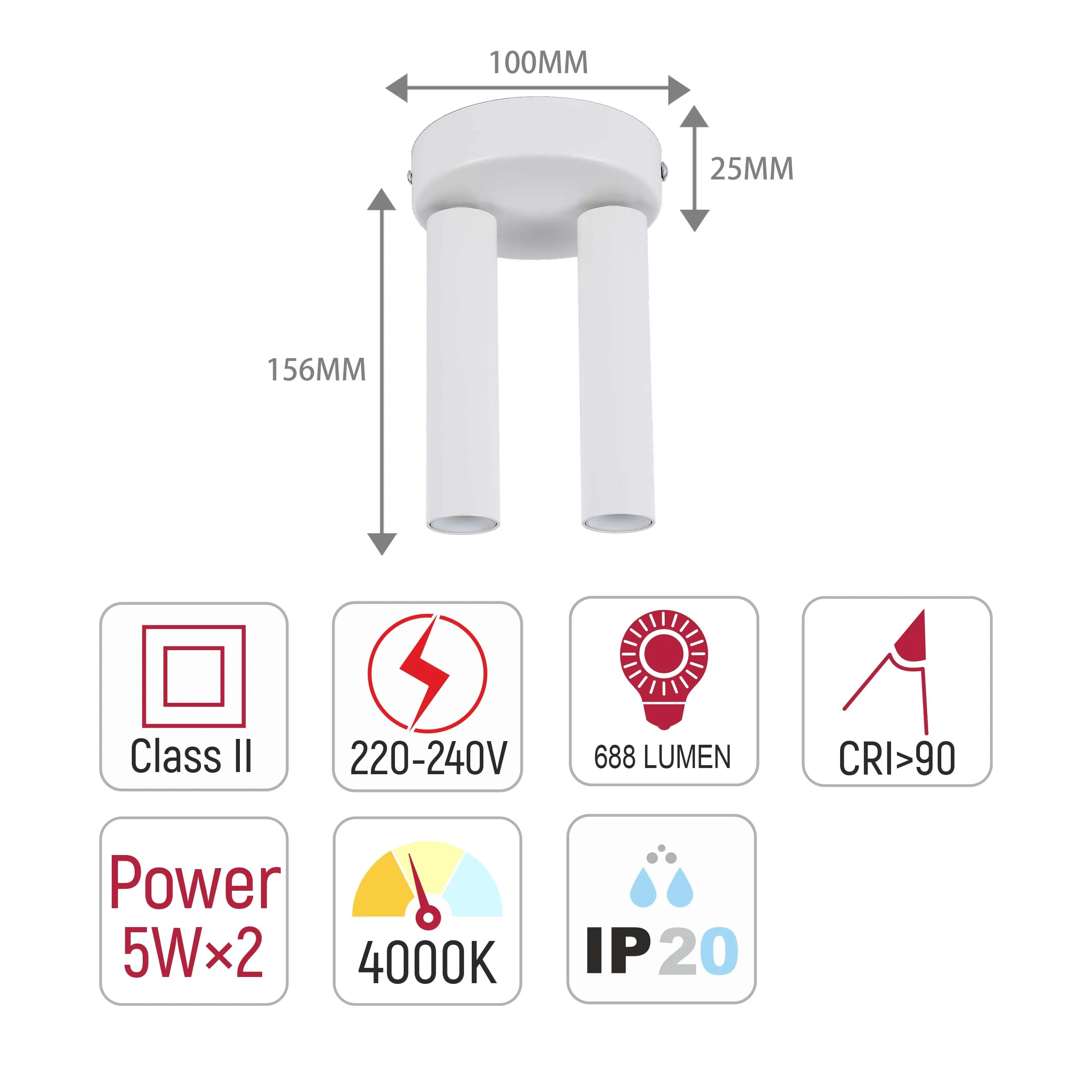 A modern, double tube light with dimensions listed, specs include 688 lumens, CRI>90, 5W*2 power and IP20 rating.