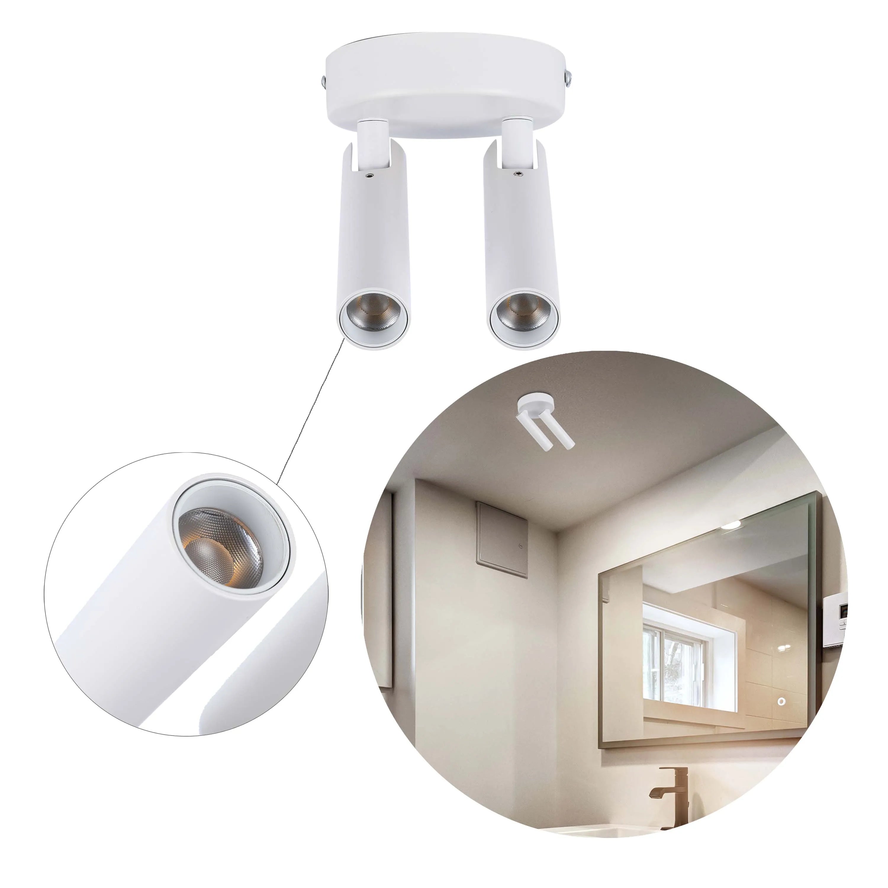 A modern, white twin spotlight fitting. Also, the fixture is visible in a bathroom setting above the mirror.
