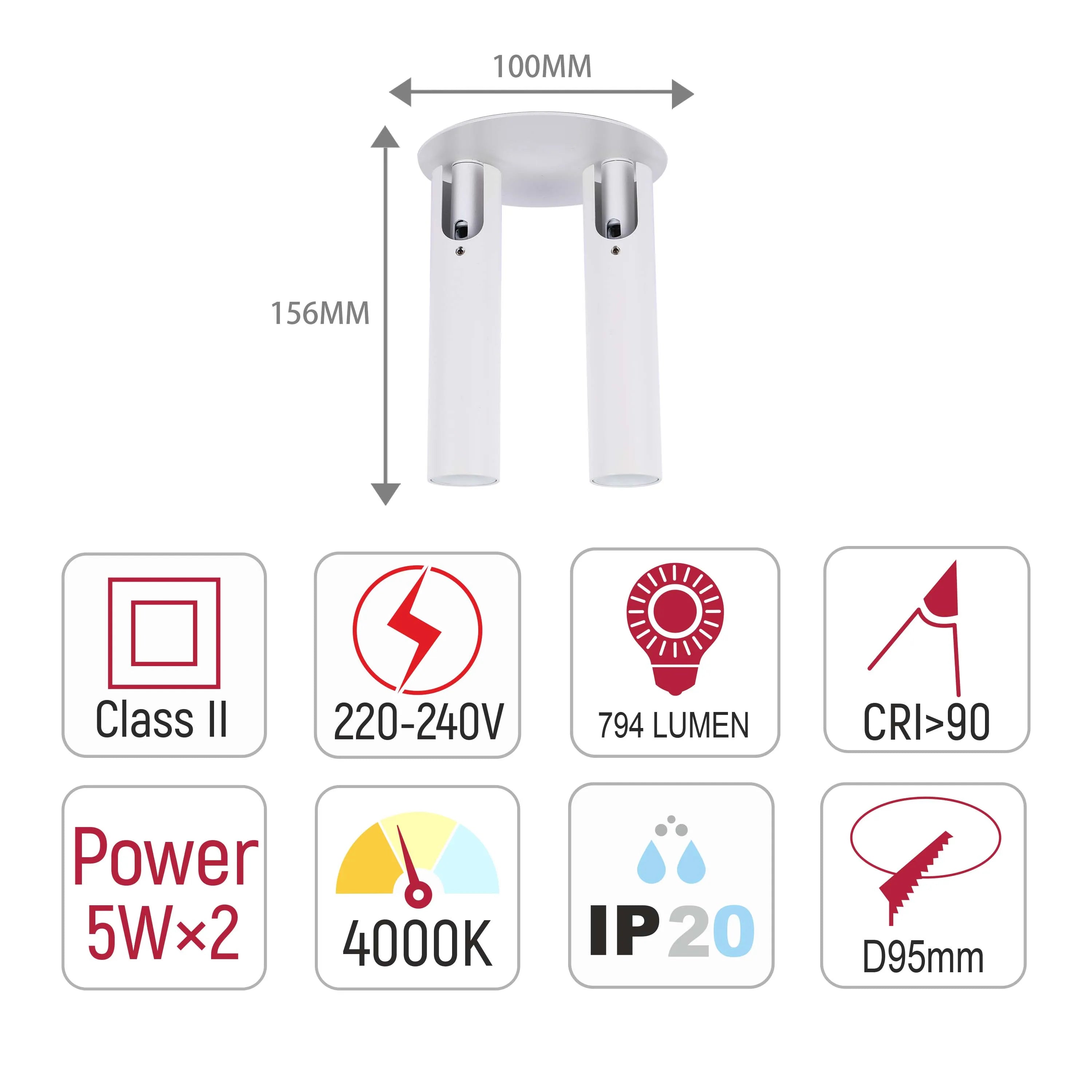 A modern flush mount light fixture with two cylindrical lights. Features include 4000K, IP20, CRI>90.