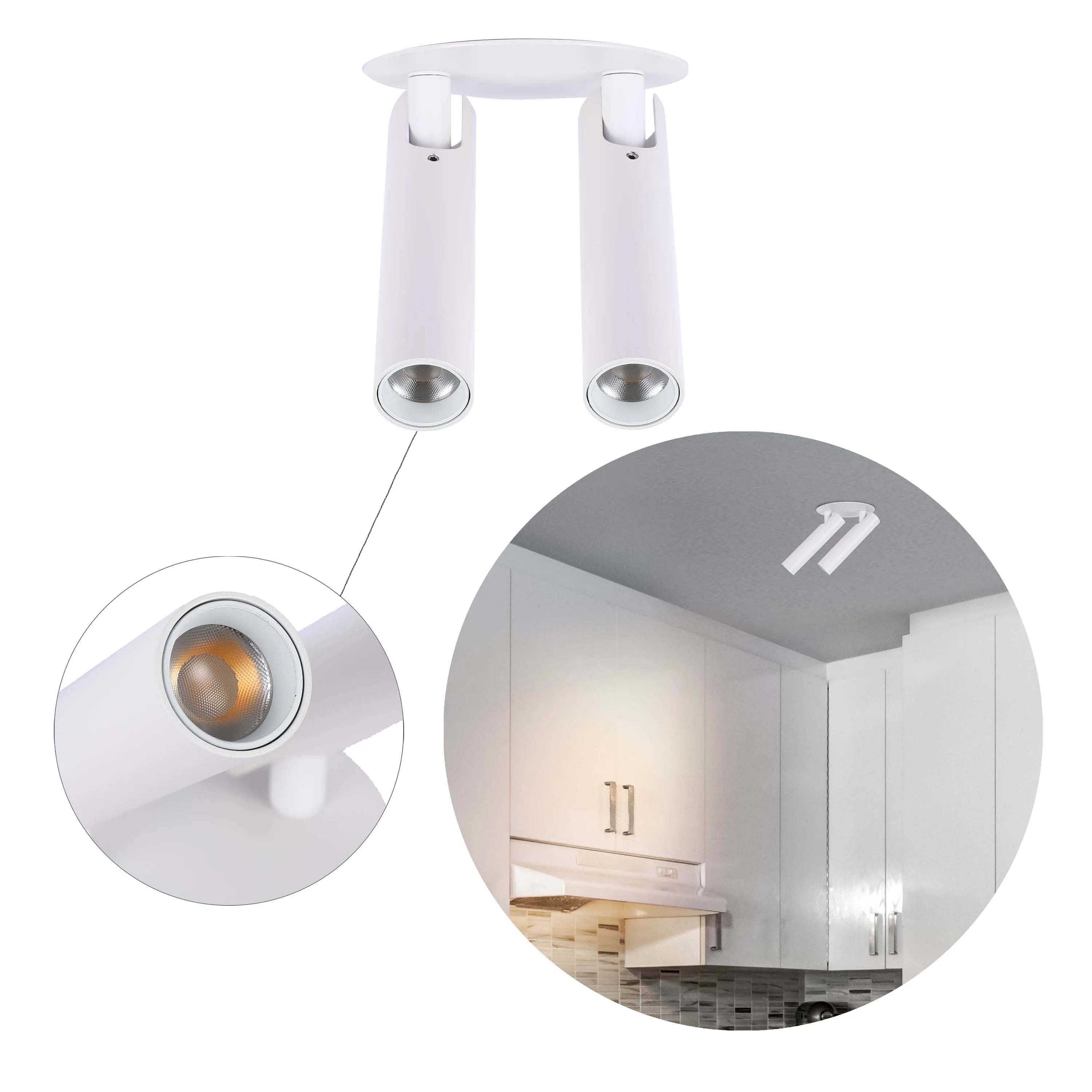 A modern, white dual-bulb ceiling spotlight fixture, suitable for task or accent lighting in a kitchen.