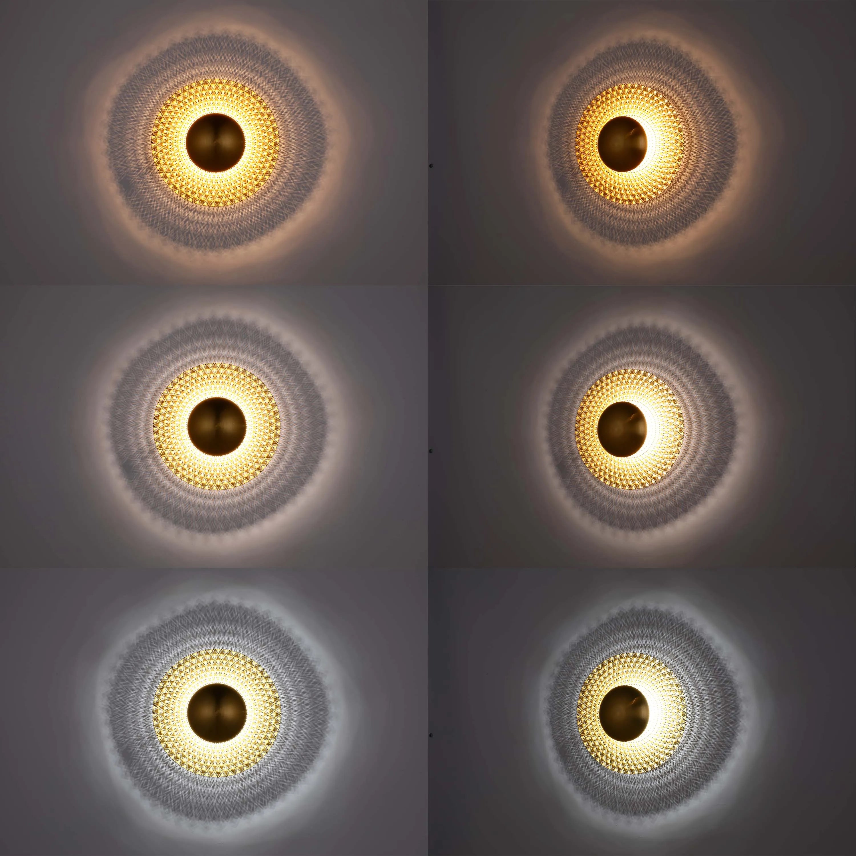 A collection of wall lights, featuring warm to cool tones and decorative diamond patterns, creating a distinct ambience.
