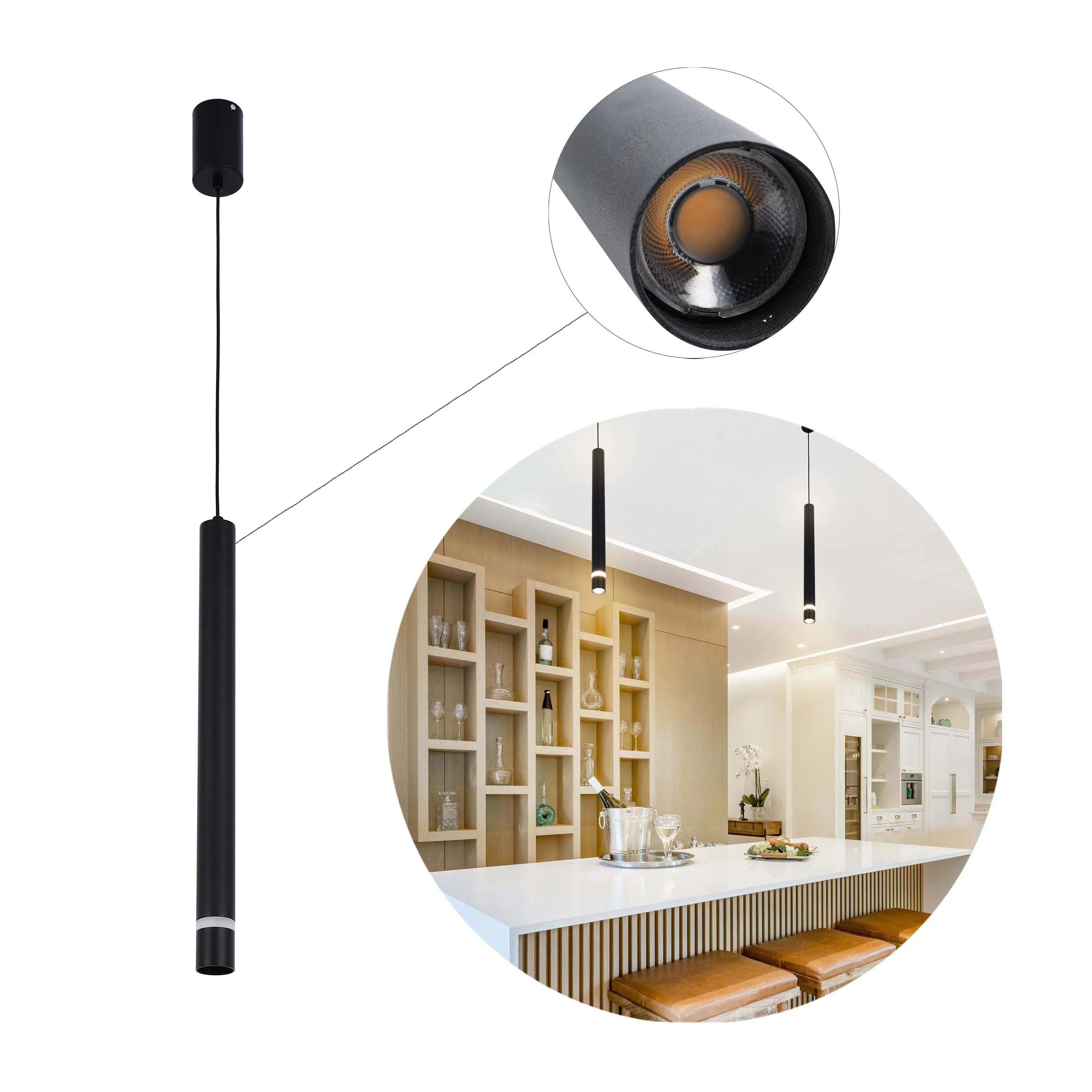 A modern black pendant light, cylindrical in shape, illuminates a stylish kitchen and bar area. Focus on light fitting details.