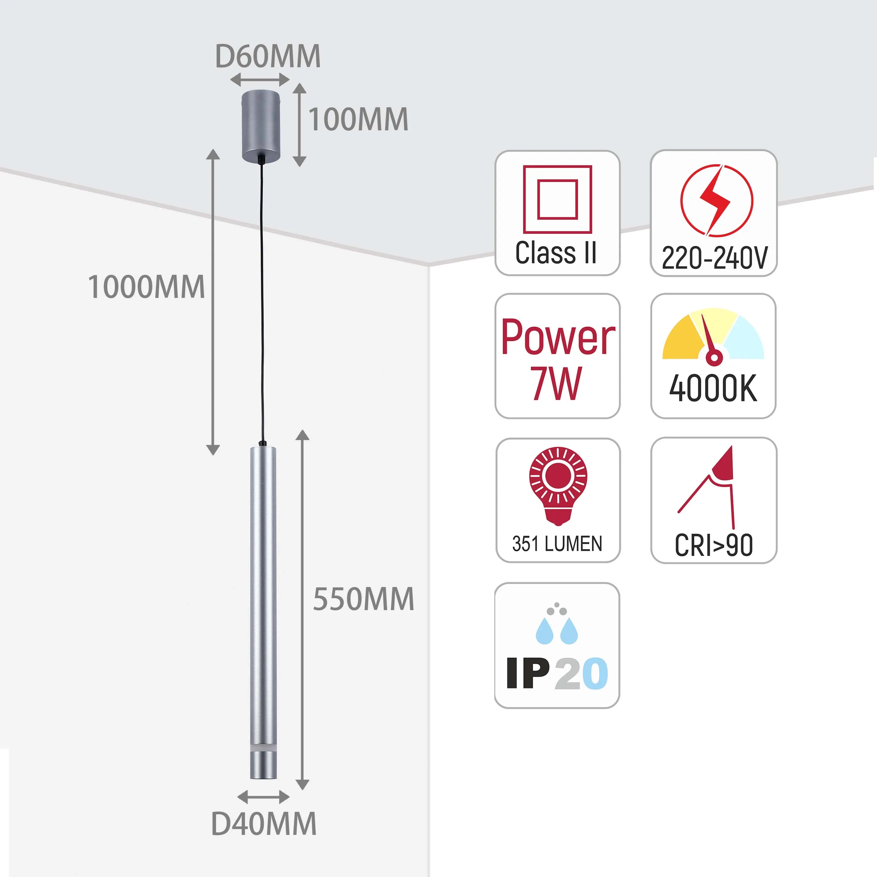 A modern pendant light, with technical specifications including dimensions, wattage, lumen output, and colour temperature.