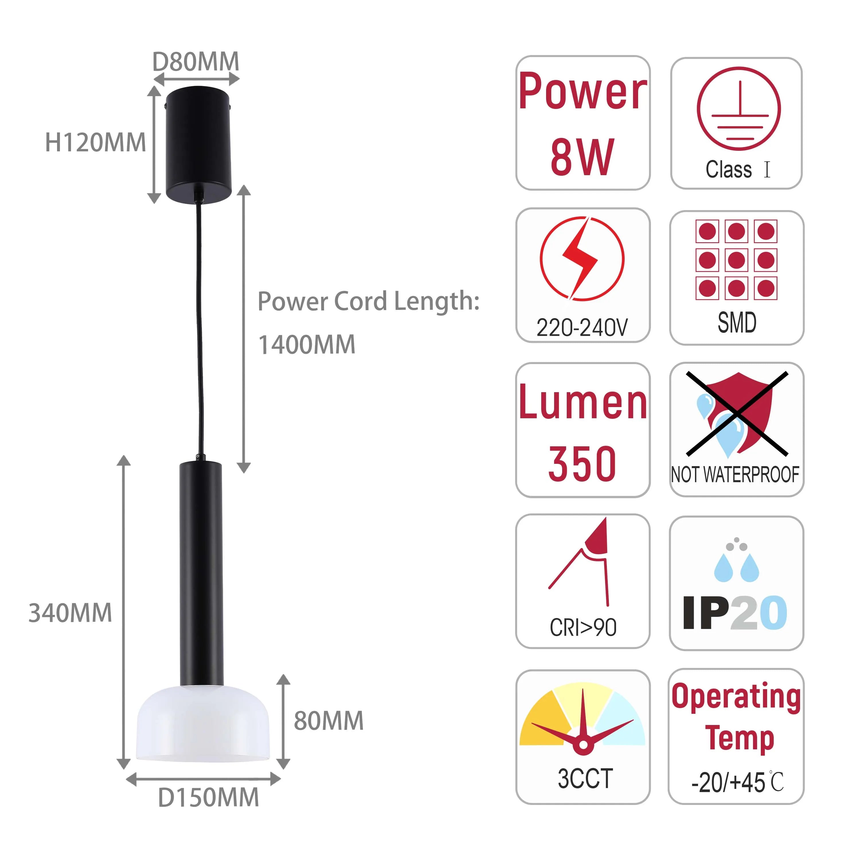 Pendant light diagram showing dimensions, power (8W), lumens (350), and operating temperature (-20/+45°C). Not waterproof.