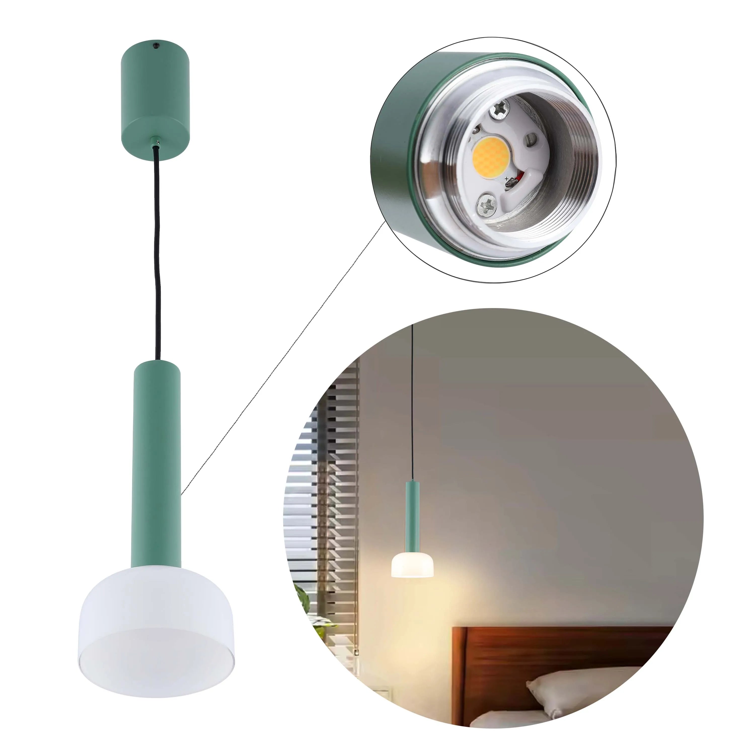 A stylish green pendant light with a white shade, providing a warm and inviting glow.