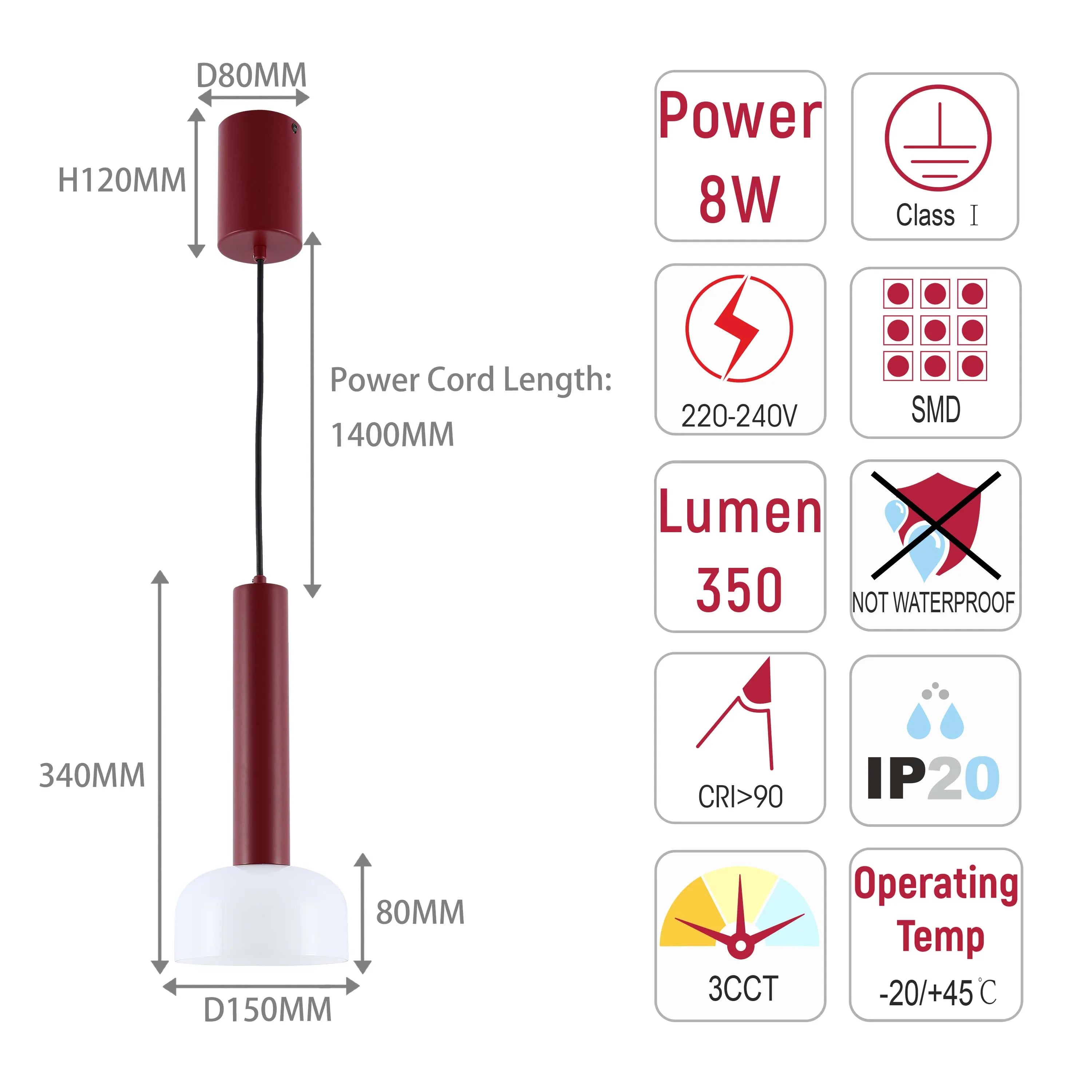 Technical drawing of a cylindrical pendant light, with dimensions and specifications such as wattage, lumens, and IP rating.