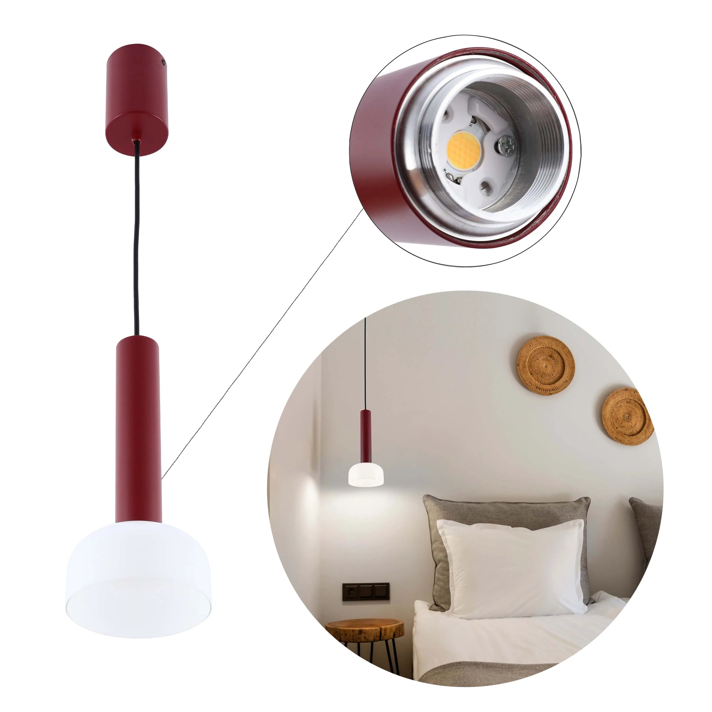 Stylish claret pendant light with a white glass diffuser. A close-up shows the internal LED and metal screw fitting.