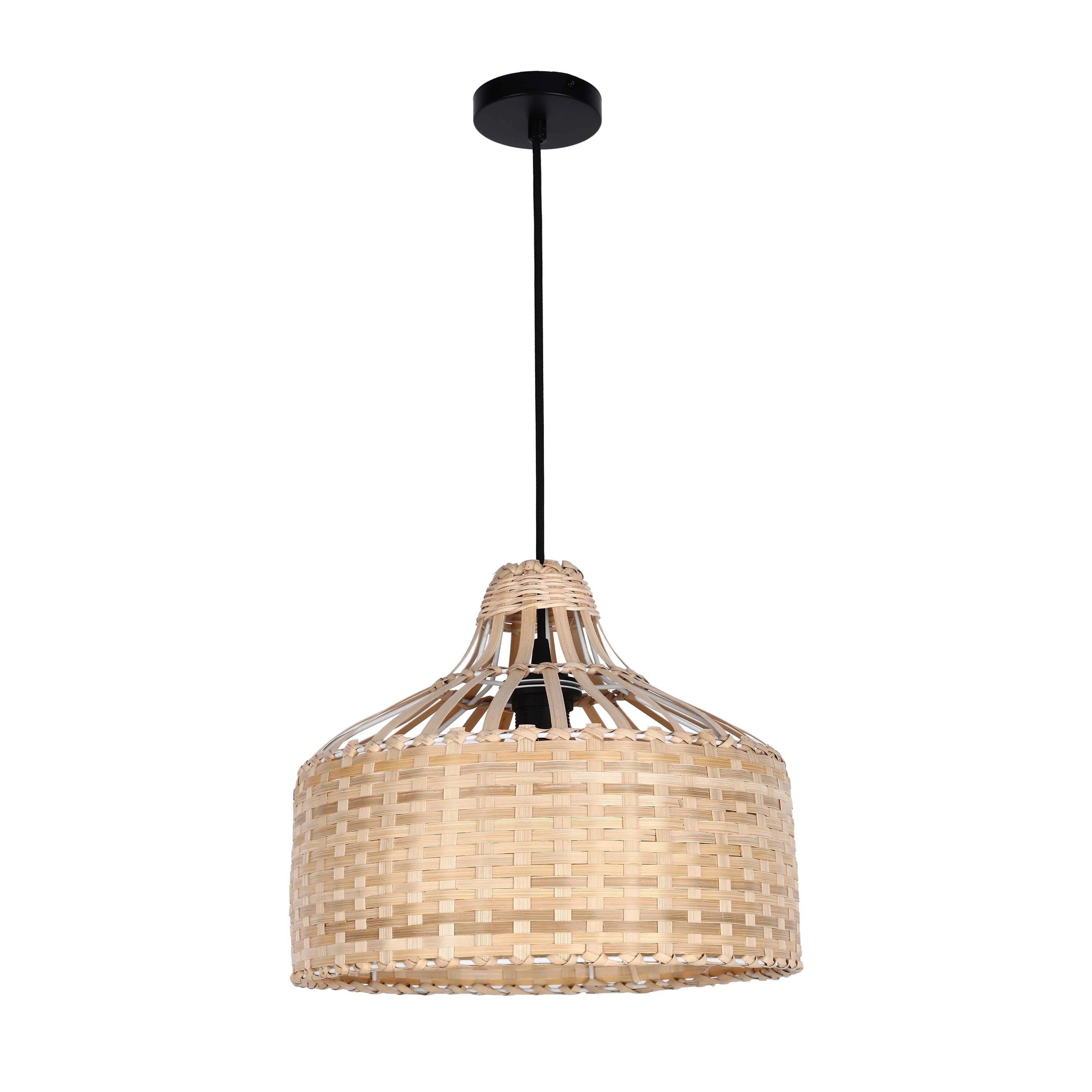 Hanging rattan pendant light with black ceiling rose and cable, creates a warm and inviting atmosphere.