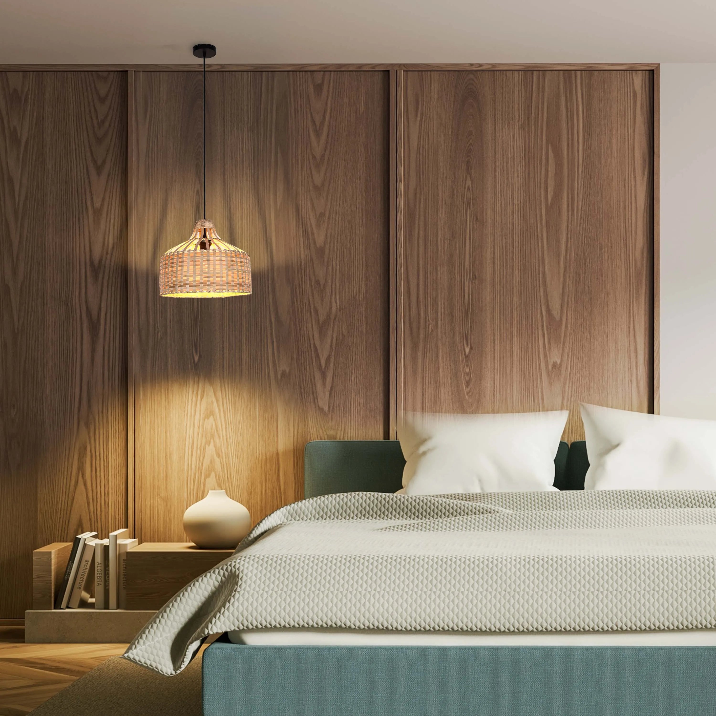 Cosy bedroom with rattan pendant light illuminating a wooden headboard and neatly made bed. The light adds warmth to the room.