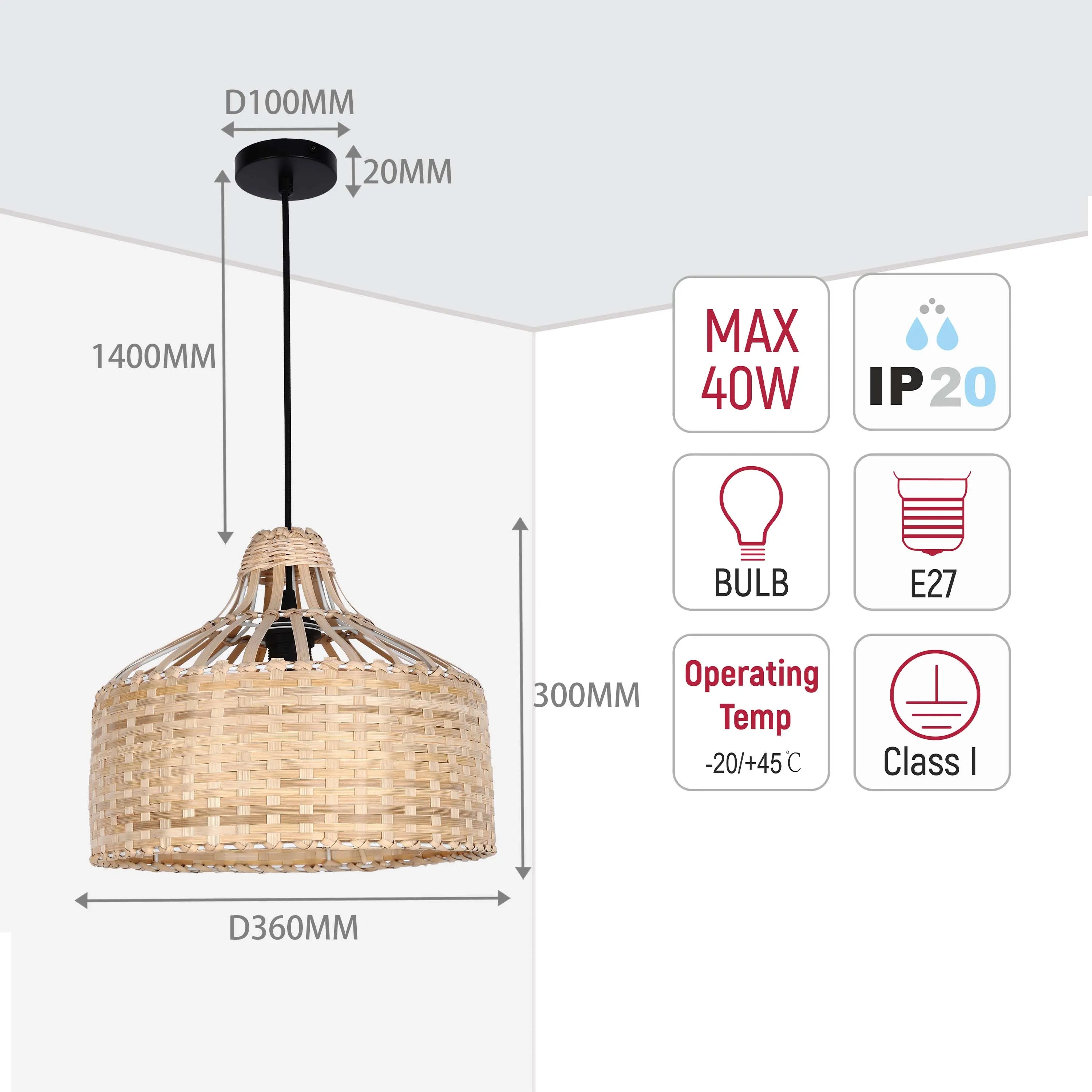 Woven pendant light dimensions: 1400mm drop, 360mm diameter. Max 40W, IP20 rated. Bulb and E27 fitting. Operating temp -20/+45°C.