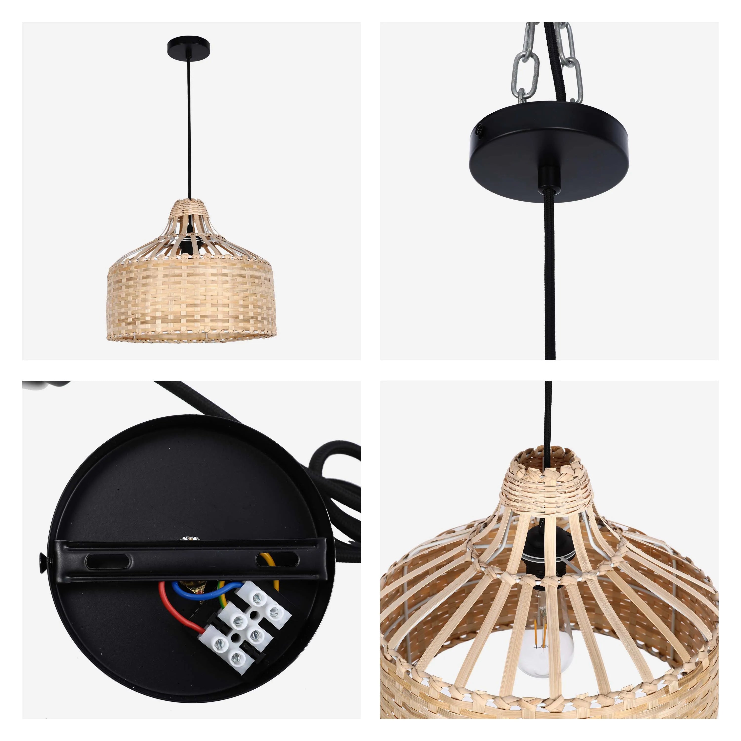 A woven pendant light with a black ceiling rose and black cord. The shade is a light beige colour.