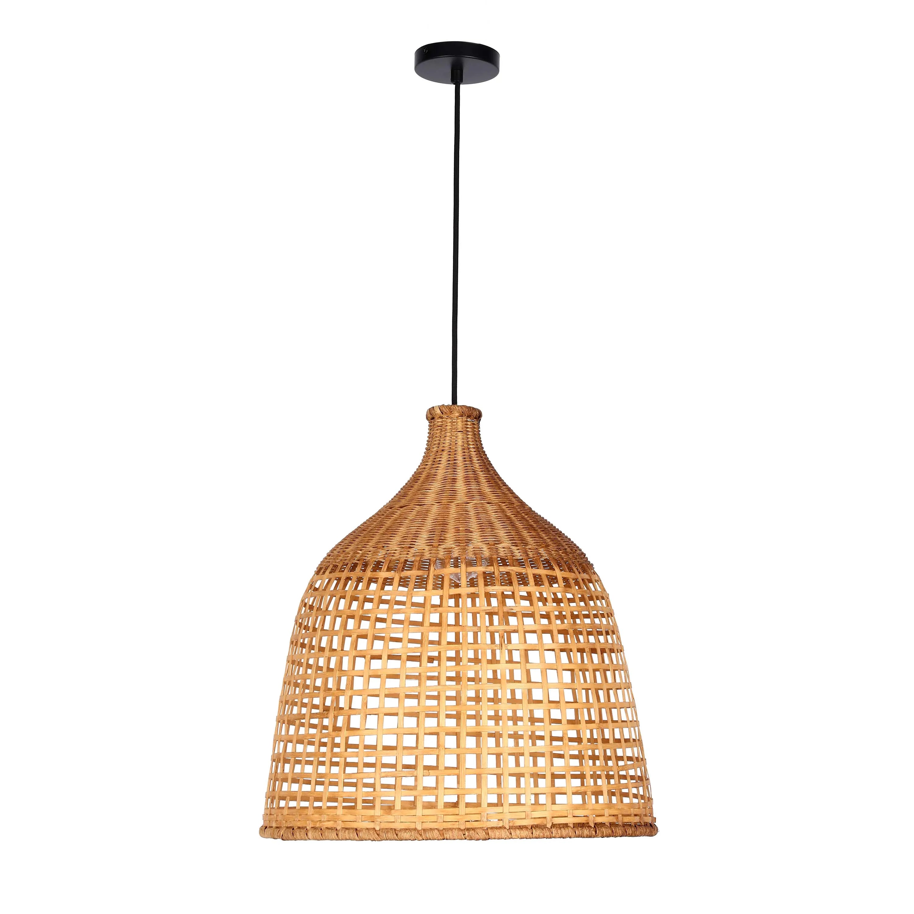 A woven rattan pendant light fixture, suspended from a black ceiling rose with black flex. A statement piece for a relaxed, boho vibe.