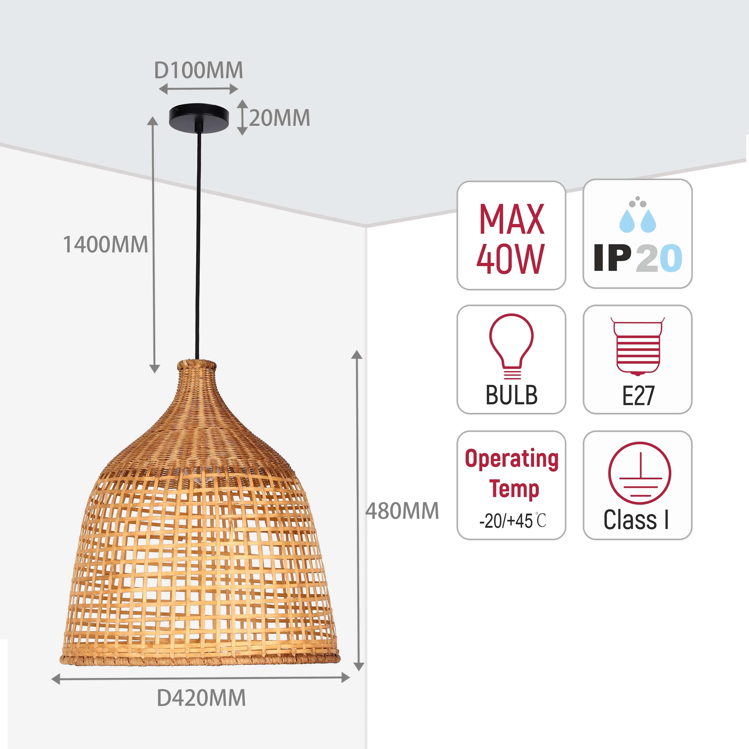A pendant light with a woven shade is displayed alongside technical specs.
