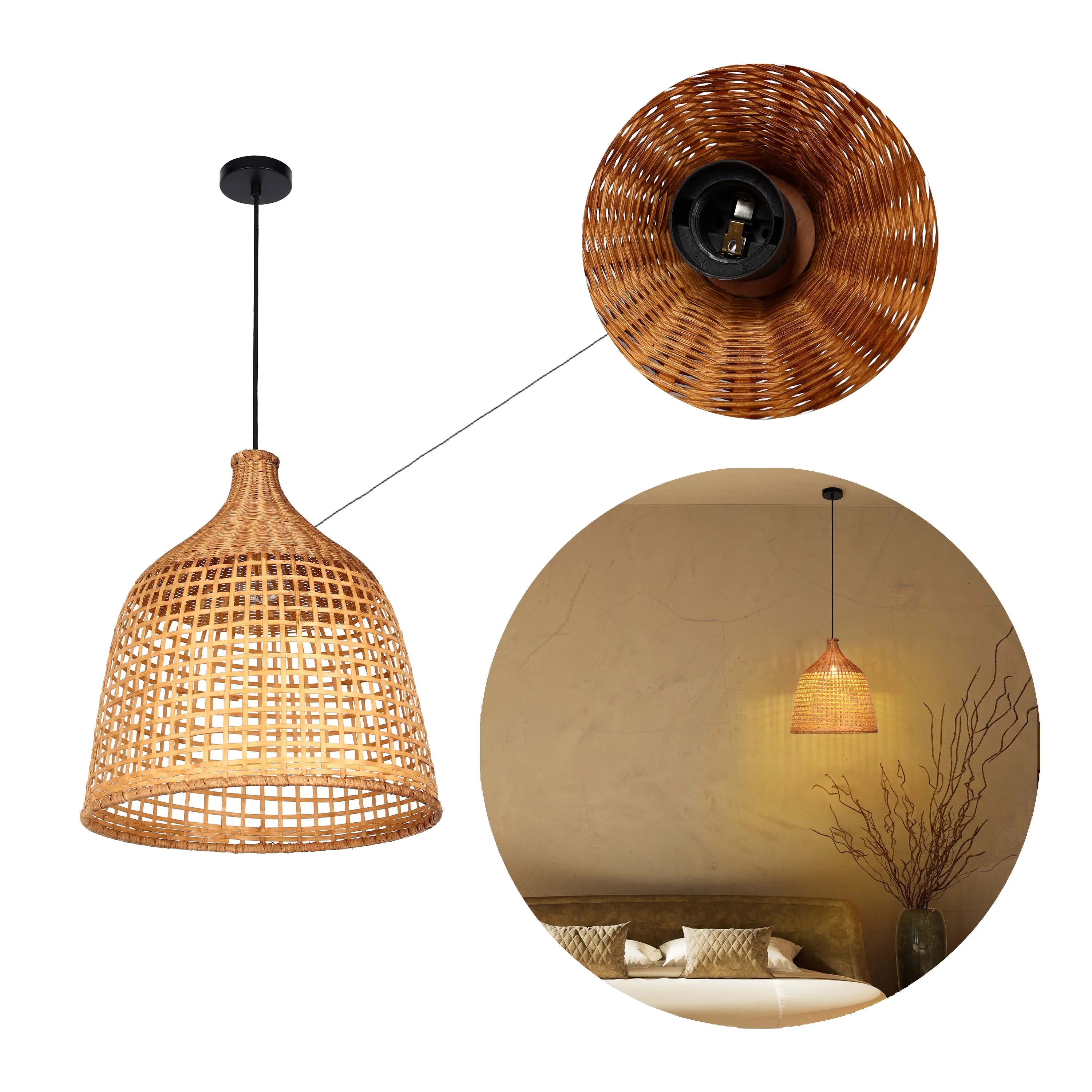 A handwoven rattan pendant light. A close-up reveals the lightbulb fitting. The light is also shown in-situ above a bed.