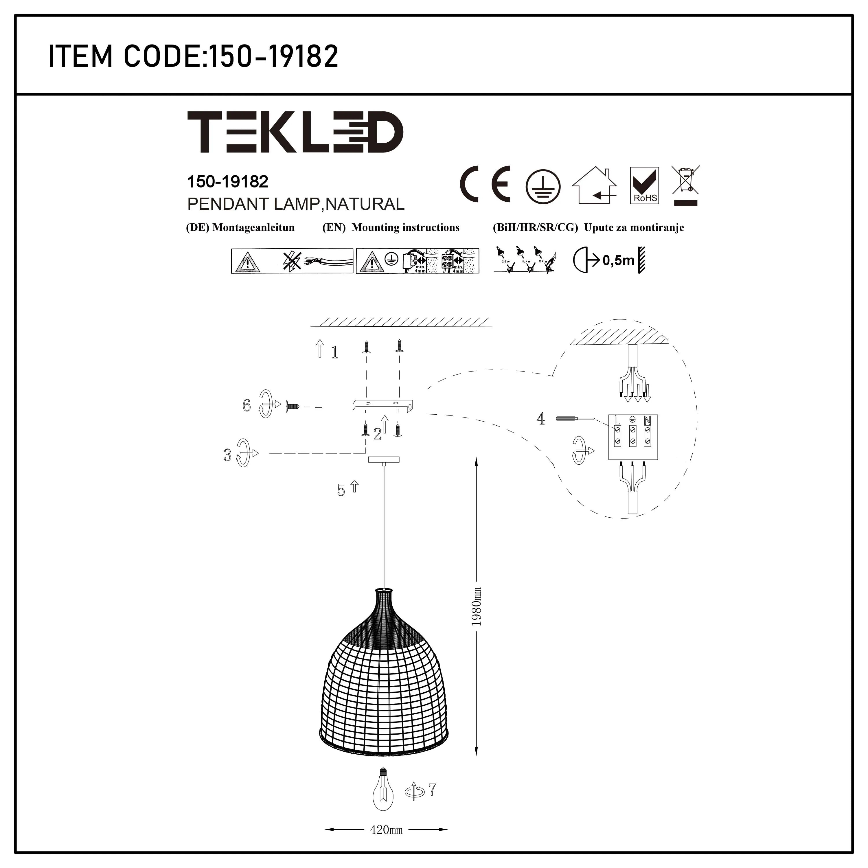 A line drawing of a pendant lamp with an instruction manual, featuring dimensions and mounting steps.