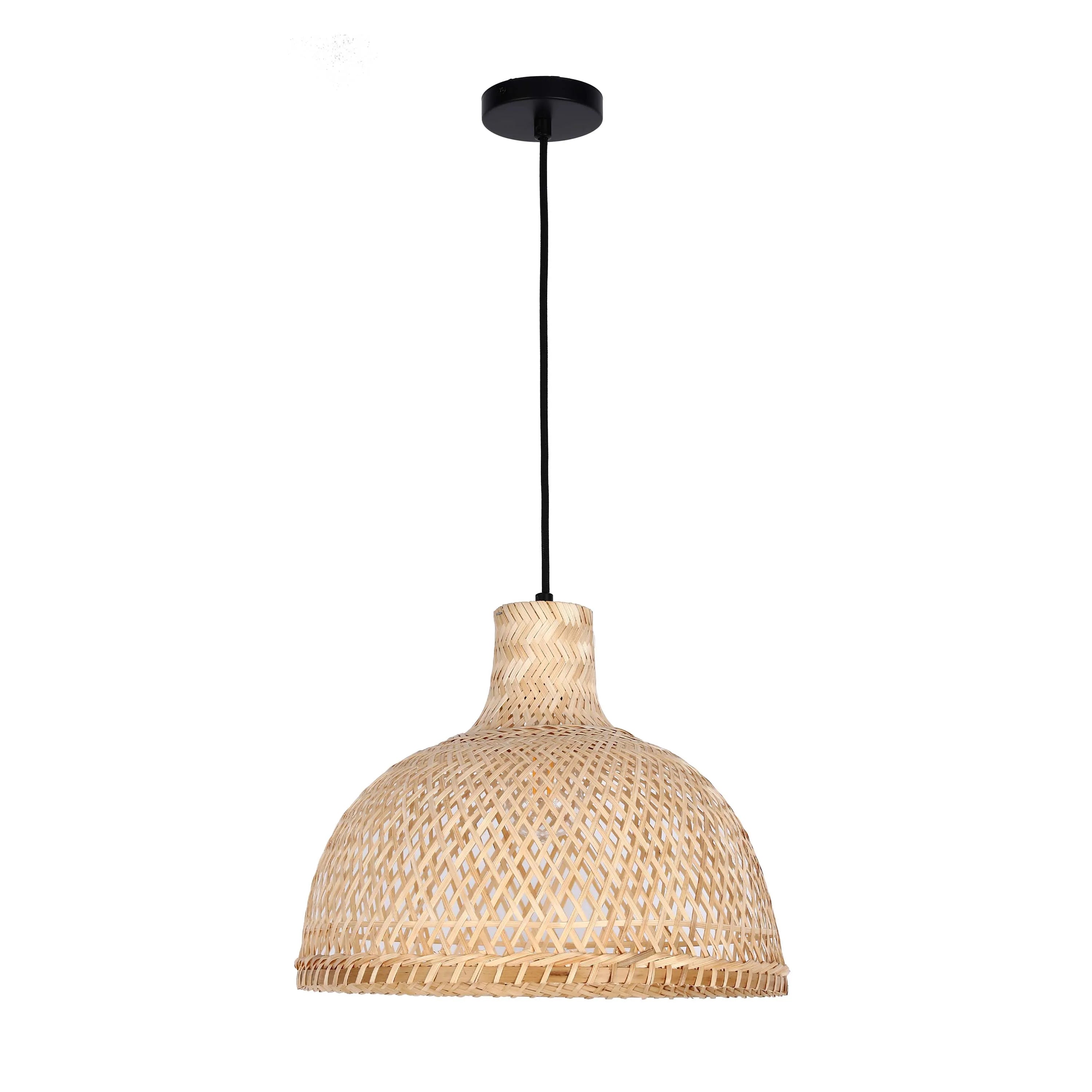 Pendant light with black fitting and wicker lampshade.