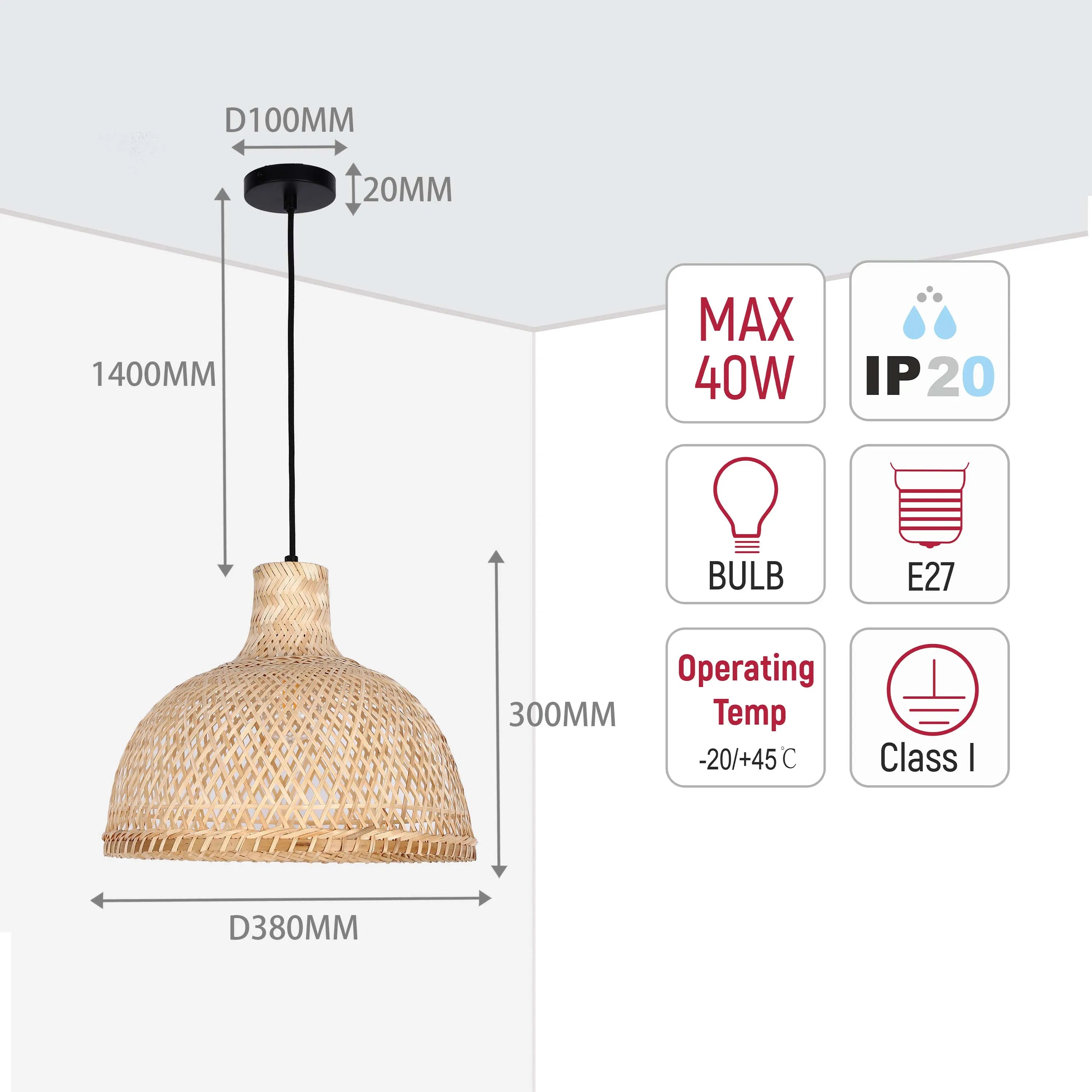 A rattan woven pendant light with measurements, showing a maximum 40W bulb, IP20 rating and Class I safety.