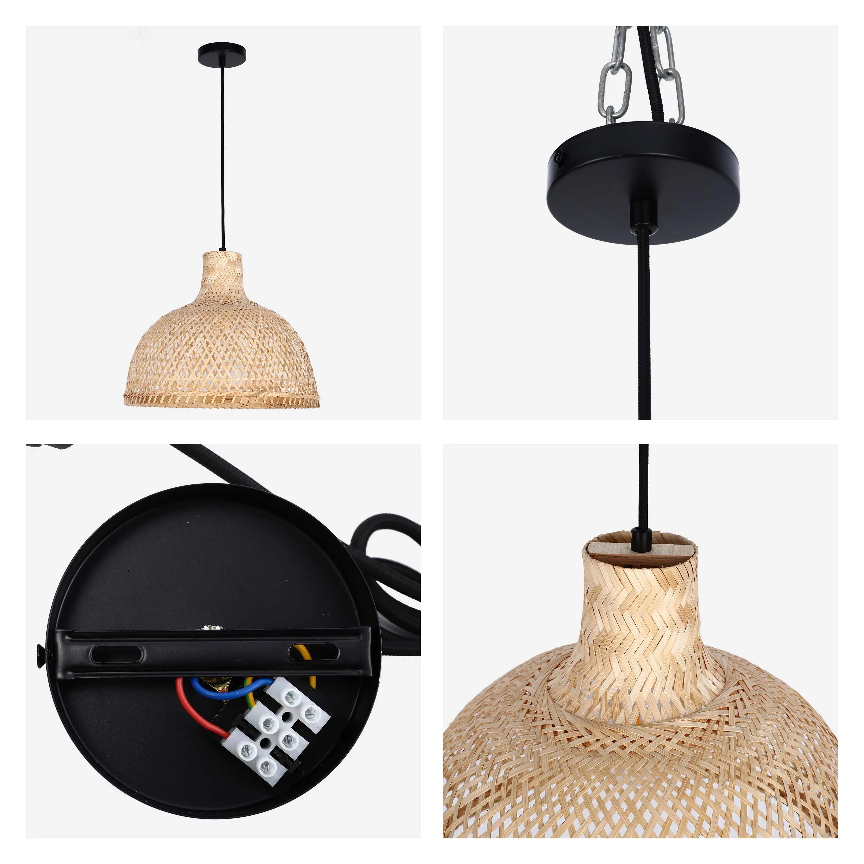 A domed, woven bamboo pendant light with a black ceiling rose and fabric flex. The fixture has electrical wiring and connector block.