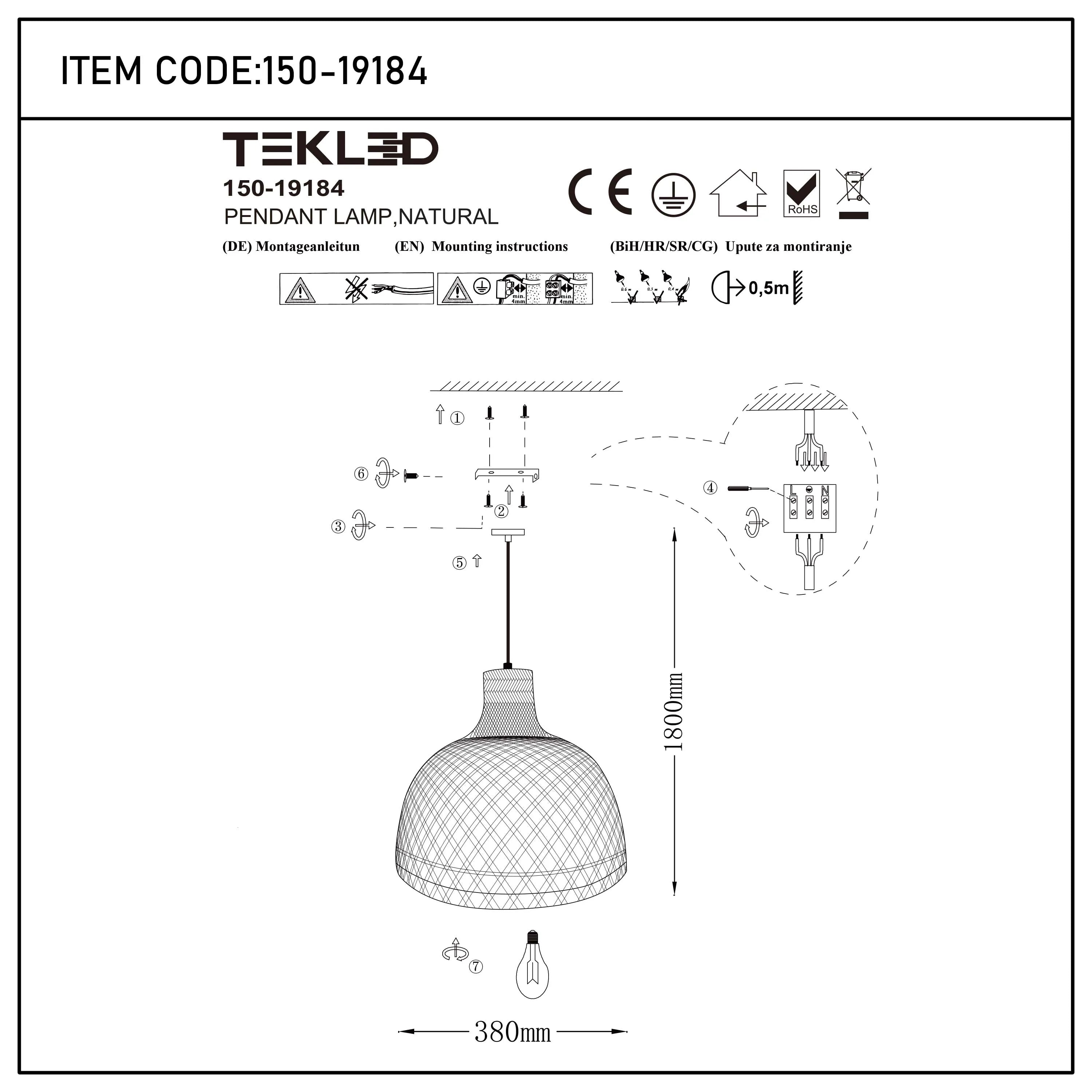 A pendant lamp in natural tones, with installation instructions. Item code 150-19184, Tekled.