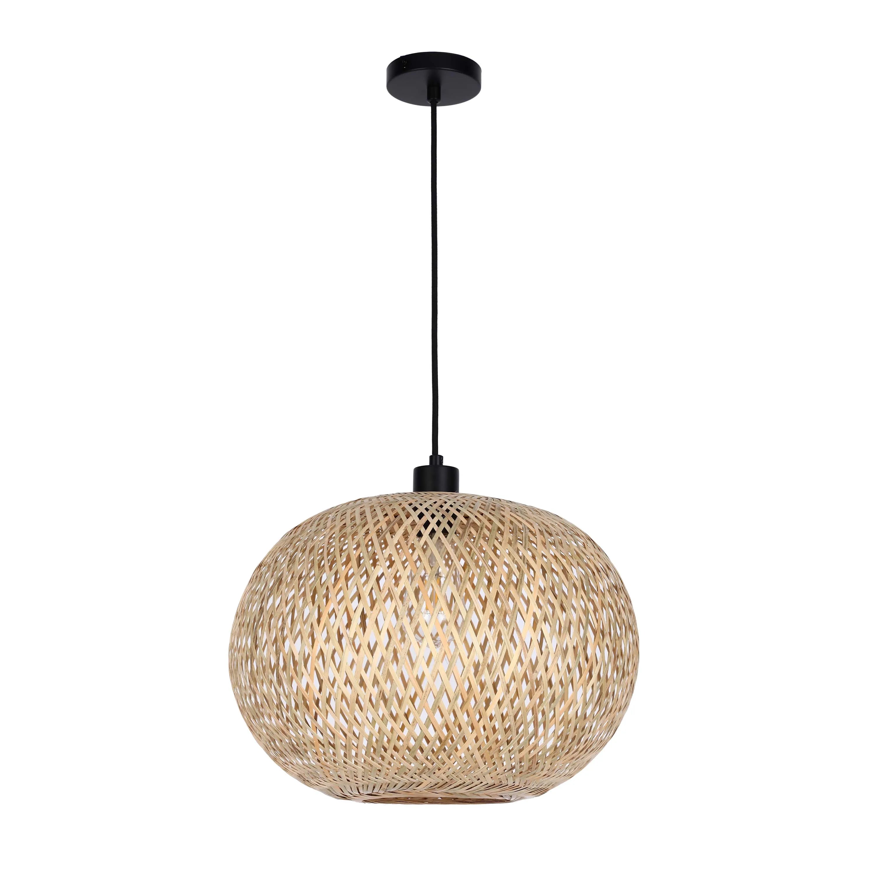 A woven bamboo pendant light with a black ceiling rose and cable. It has a warm, natural aesthetic.