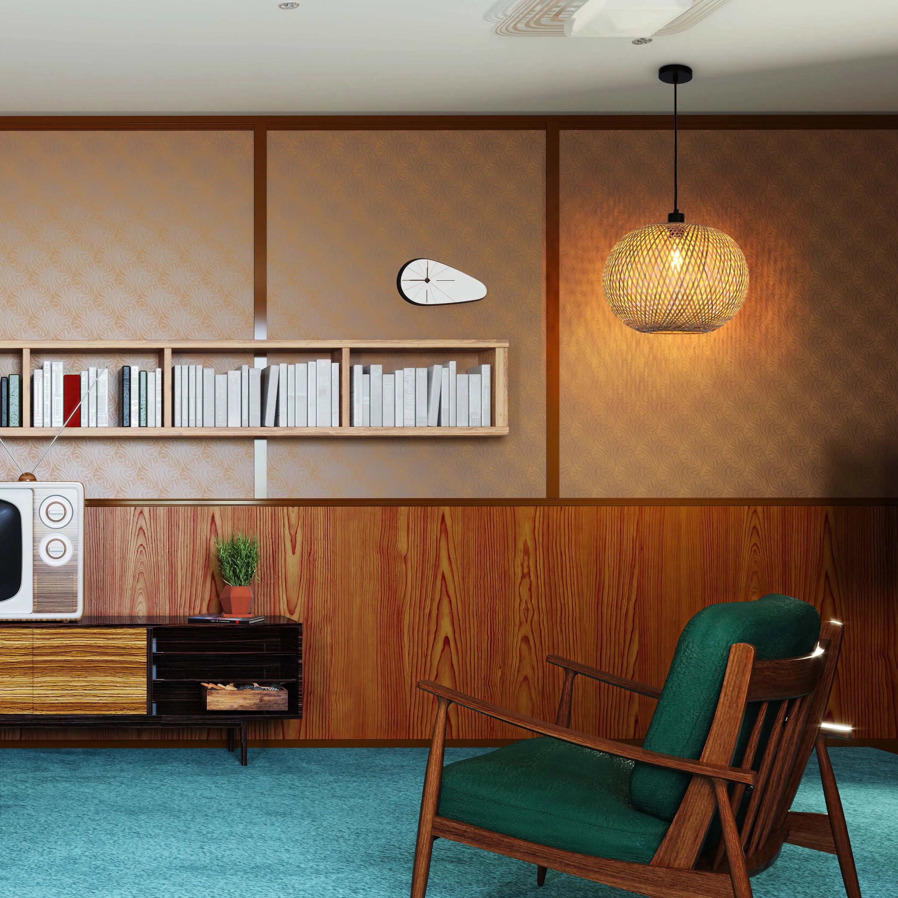 A warm, inviting living room illuminated by a rattan pendant light, casting a cosy glow against the wood-panelled walls.