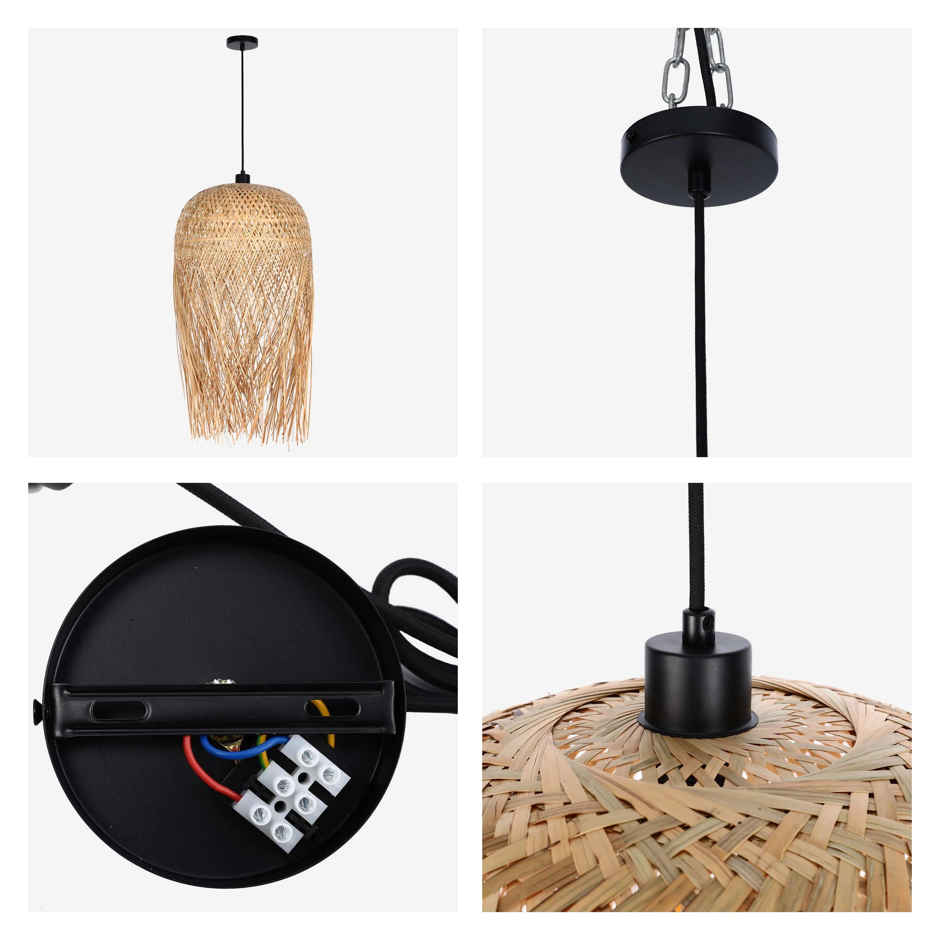 A bohemian light fixture with a rattan shade and black hardware. The style is rustic, yet modern.