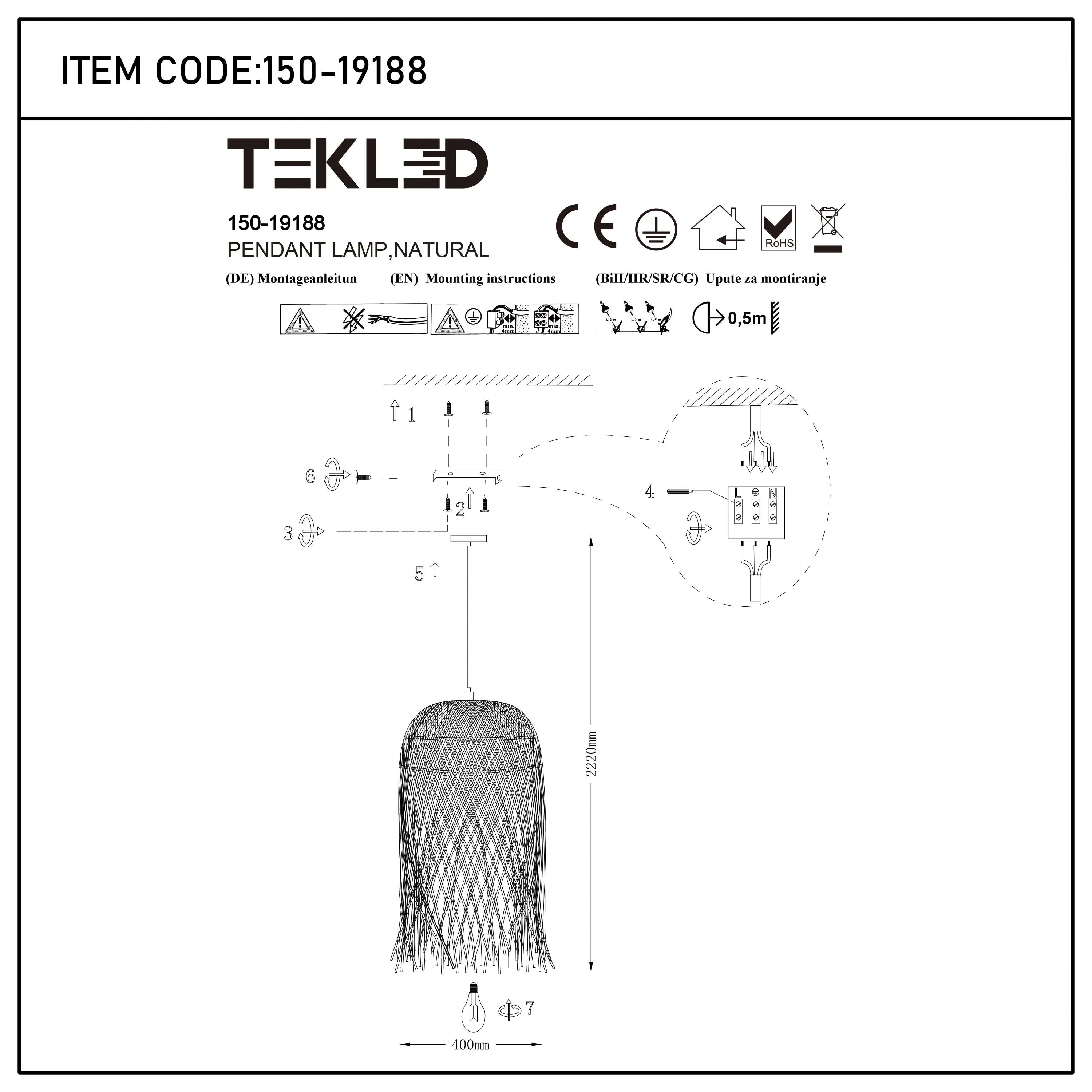 A pendant lamp with a natural woven shade. Assembly instructions included. Dimensions: 2220mm height, 400mm diameter.