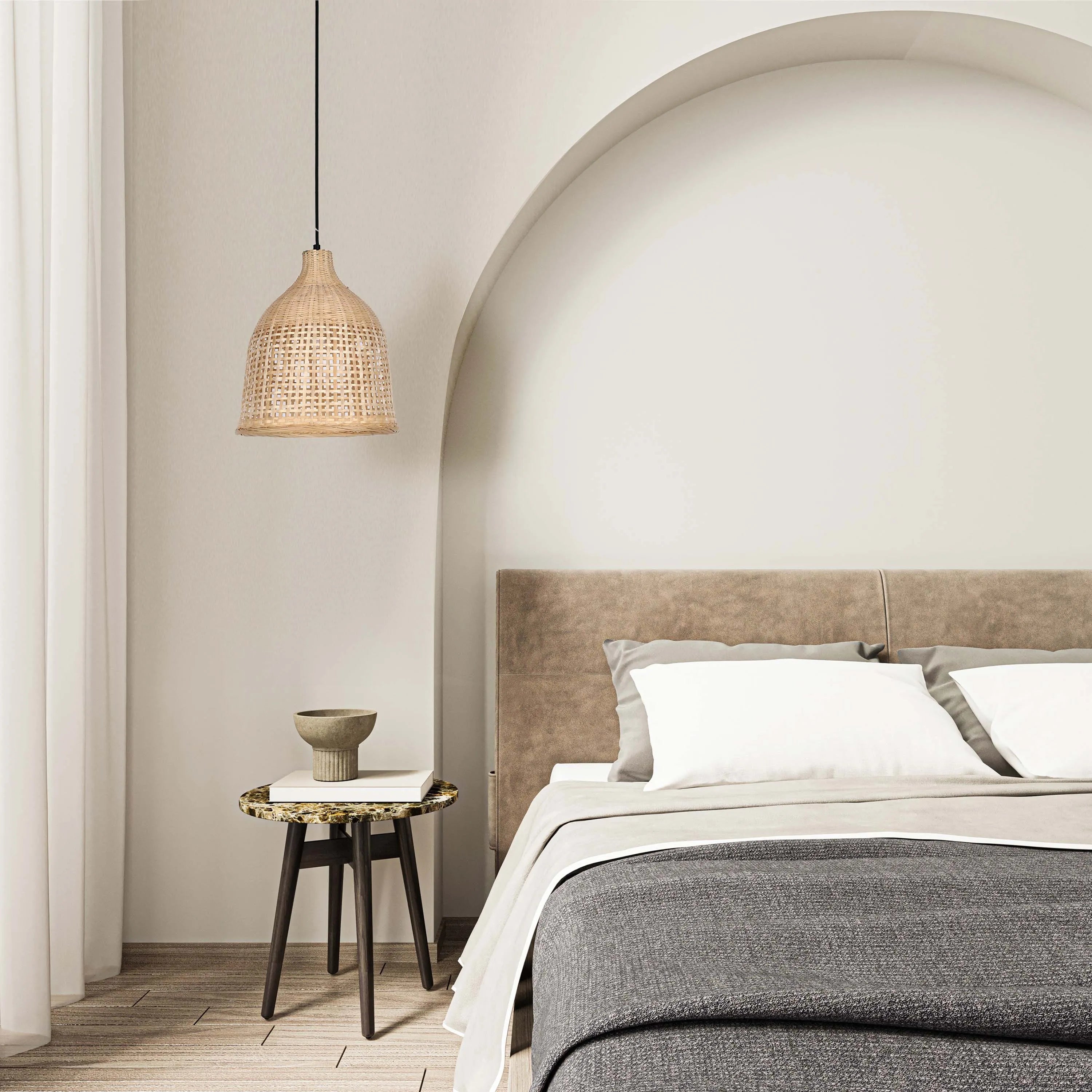 Bedroom showcasing a woven pendant light and natural light, offering a calm, minimalist aesthetic.