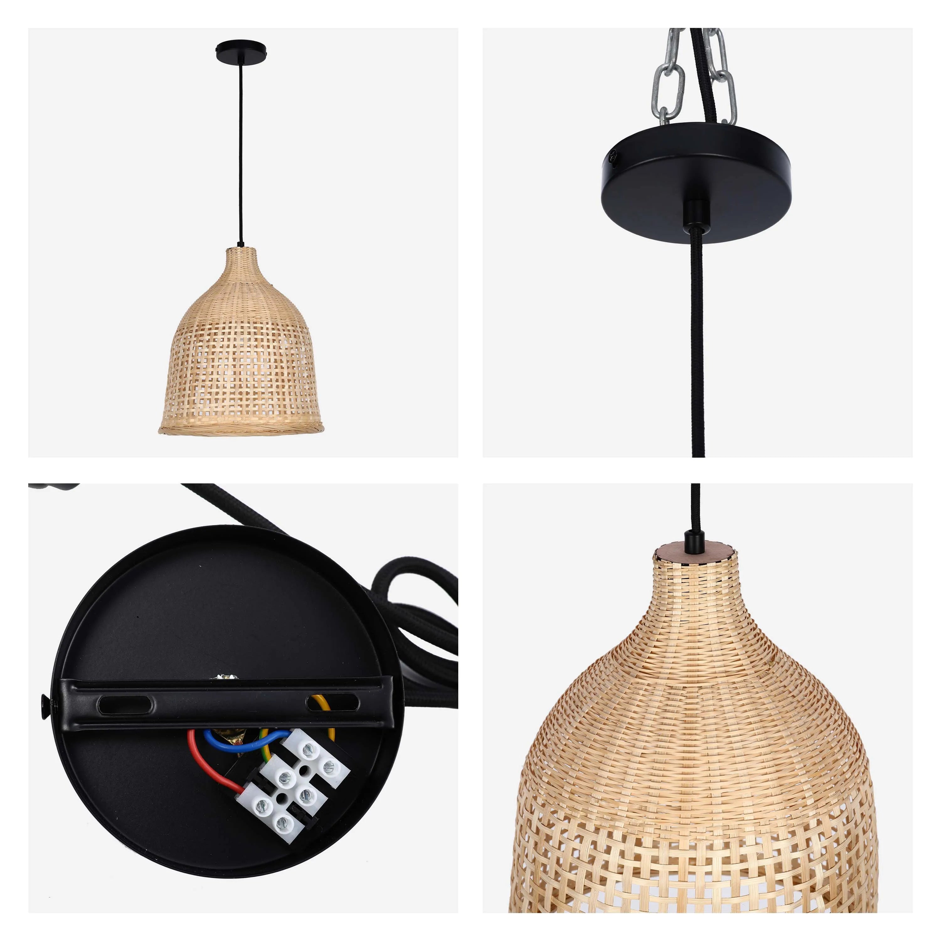 A rattan-style pendant light with a black ceiling rose and flex. The shade has a woven texture.