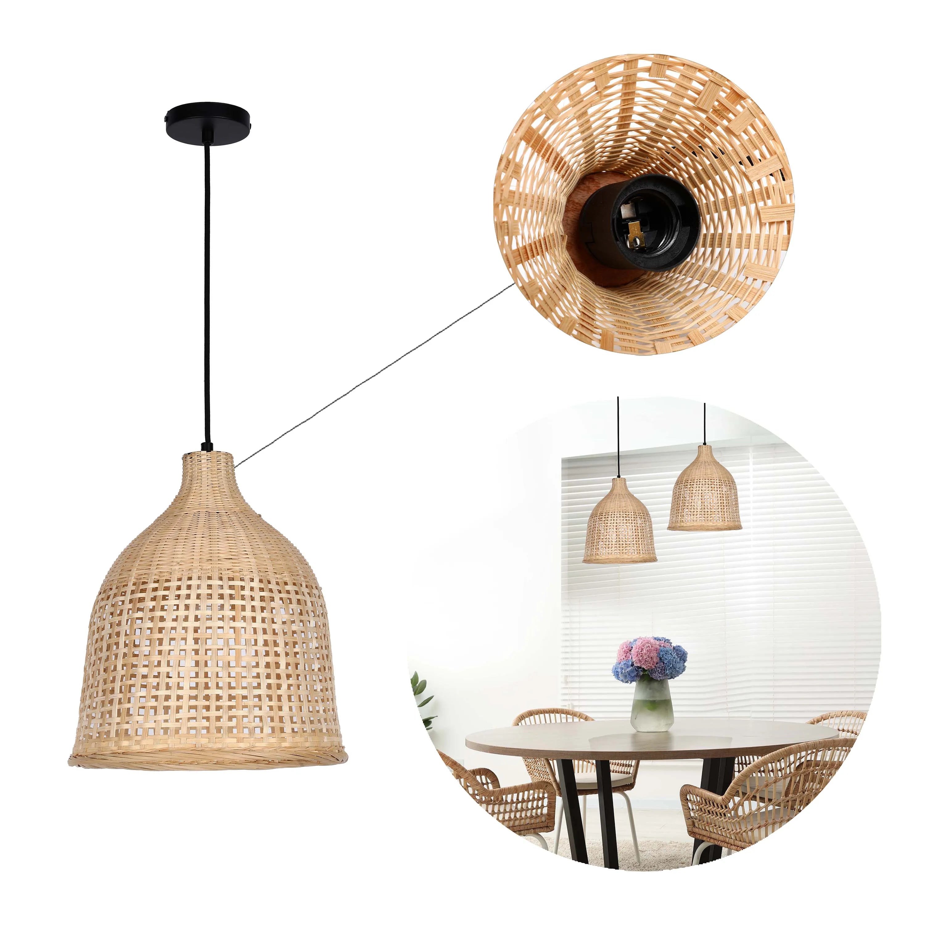 A woven rattan pendant light fitting, shown with a close-up of the lamp holder and another light in situ above a dining table.