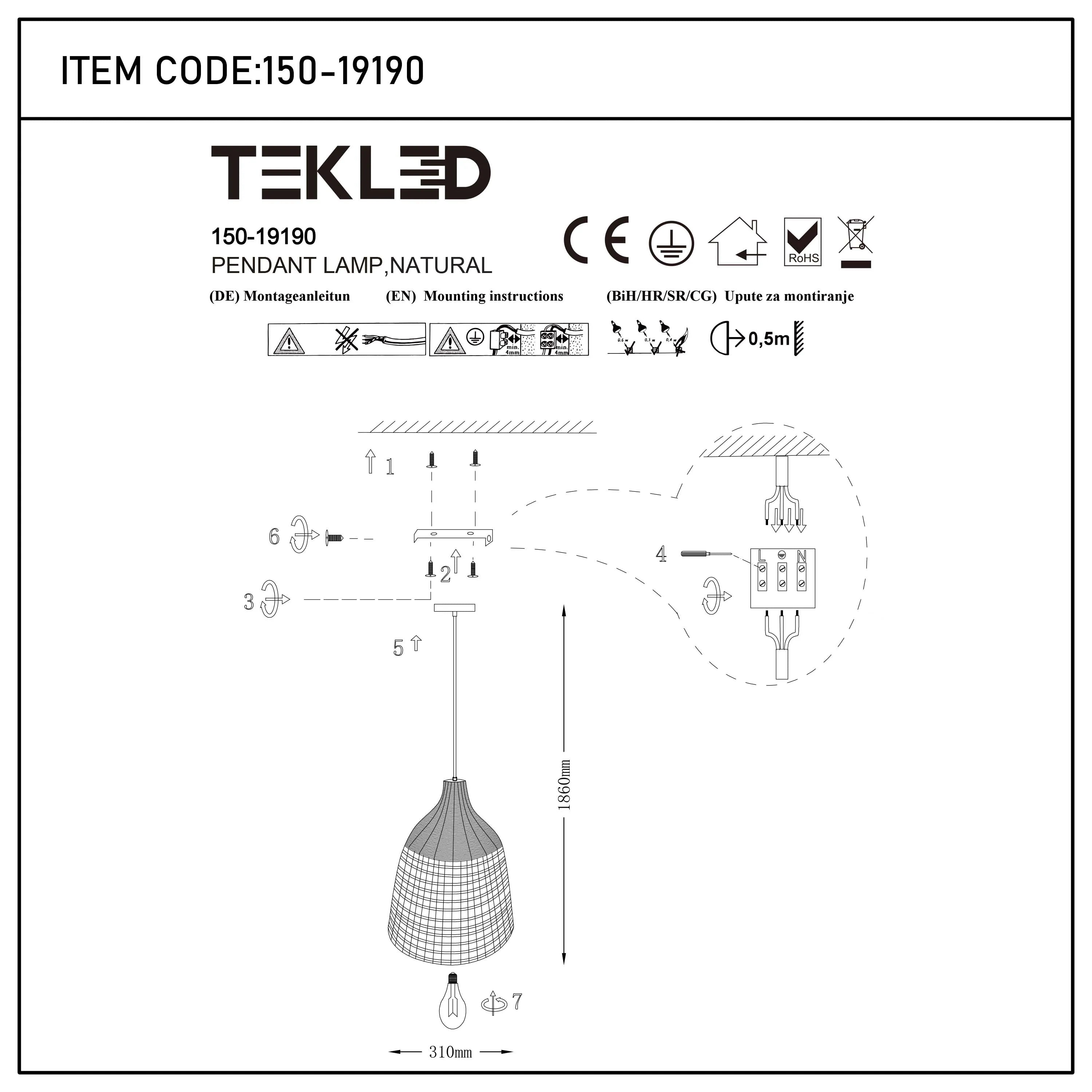 Pendant lamp, natural, with a measurement of 1860mm. Includes instructions in various languages.