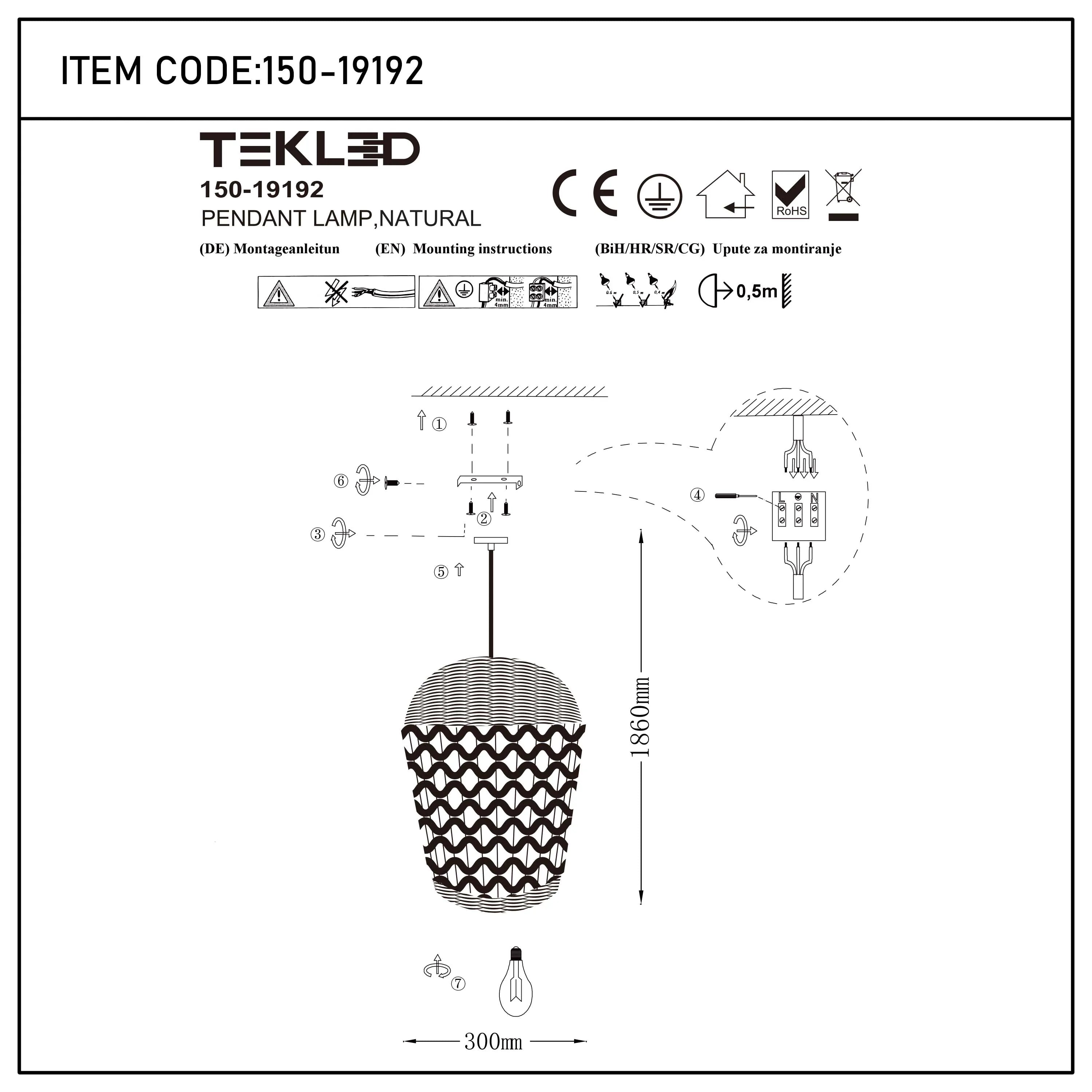 TEKLED 150-19192 pendant lamp, natural, with installation instructions, safety marks and dimensions.