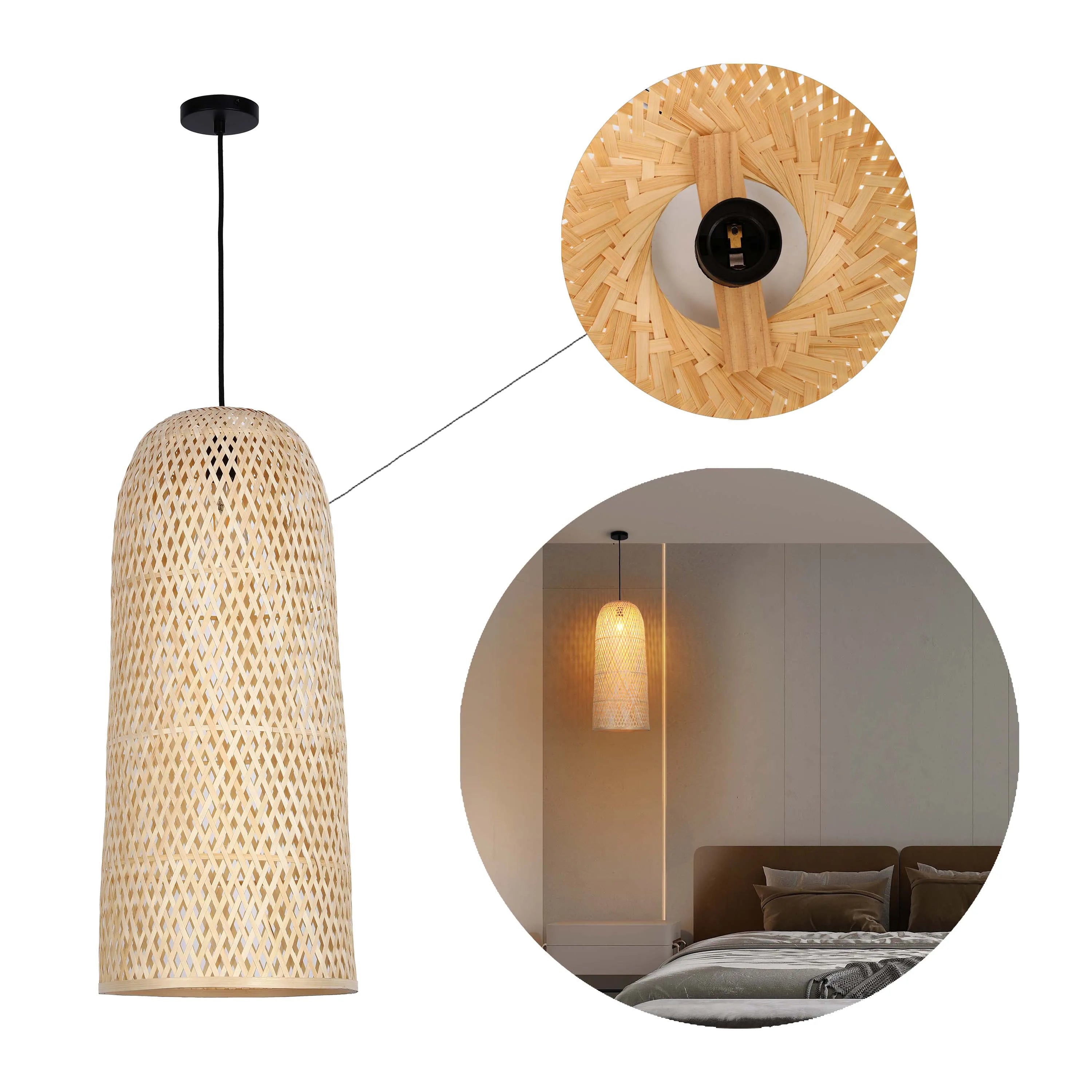 A bamboo pendant light is on display, showcasing its texture and lighting effect in a bedroom setting.
