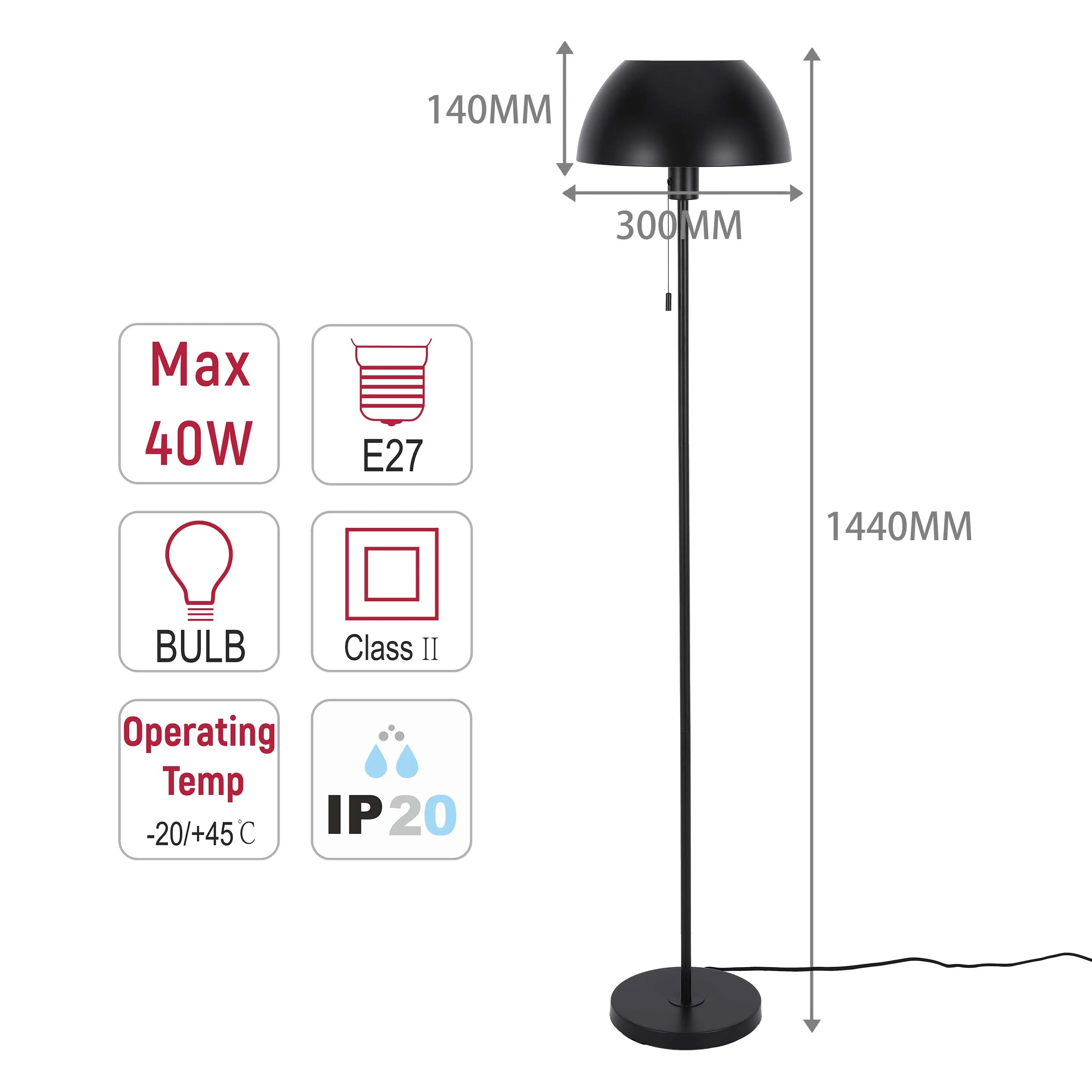 Sleek black floor lamp with technical details showcasing measurements, bulb type (E27), wattage (40W) and temperature rating.