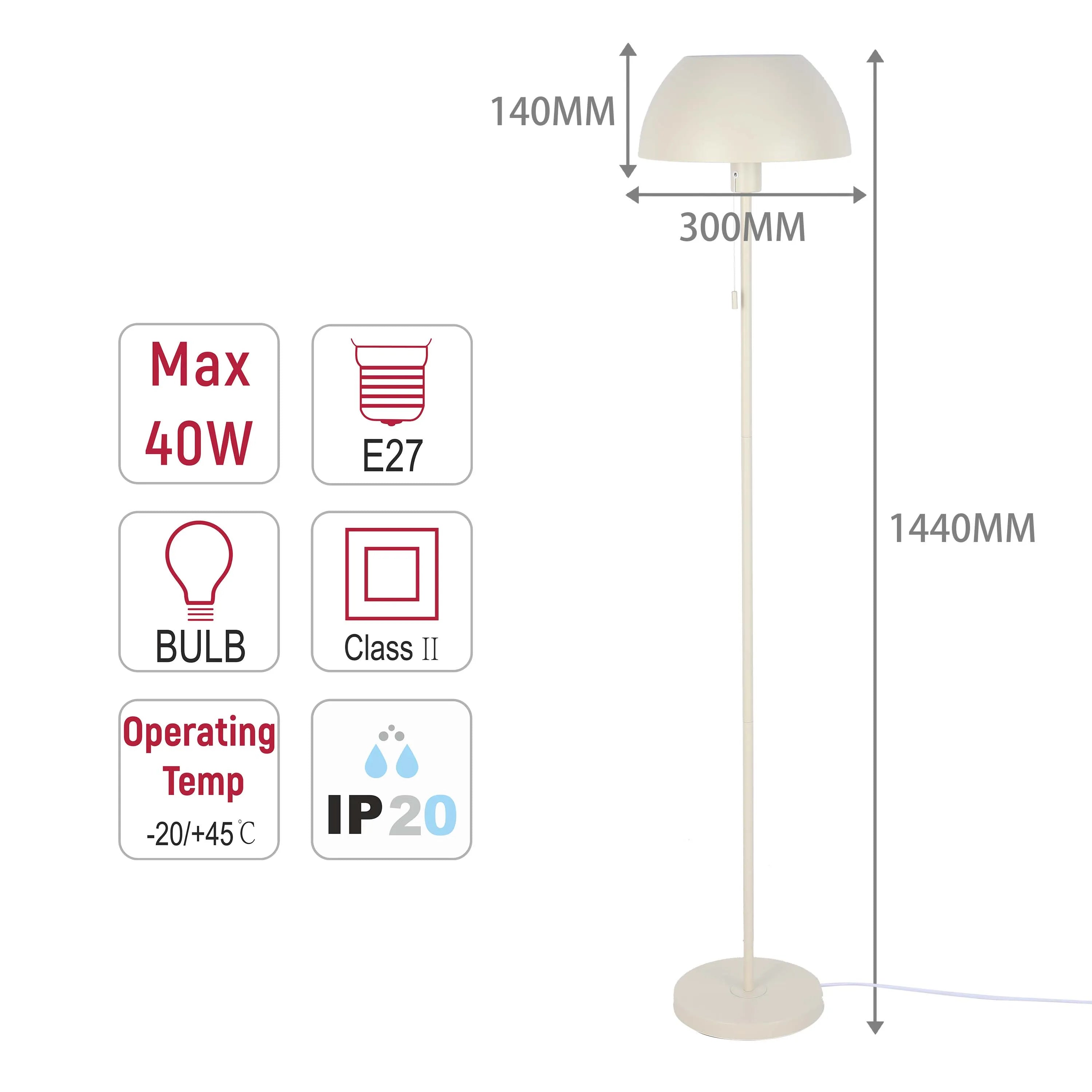 A floor lamp with a dome shade, shown with dimensions: height 1440mm, shade width 300mm, shade height 140mm. Bulb: E27, max 40W. IP20 rated.
