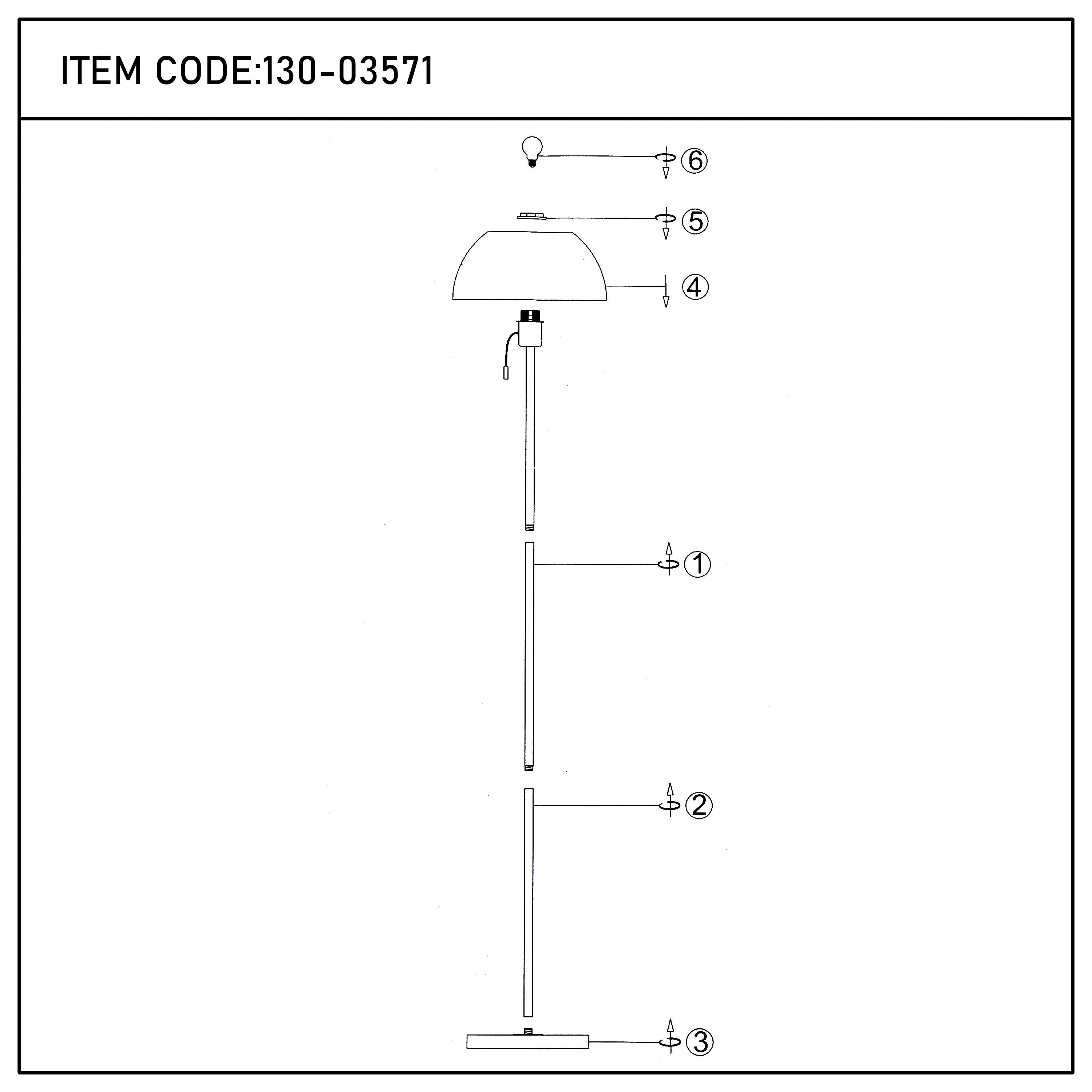 A line drawing shows the assembly of a floor lamp, featuring numbered steps for the base, stem, shade and bulb installation.
