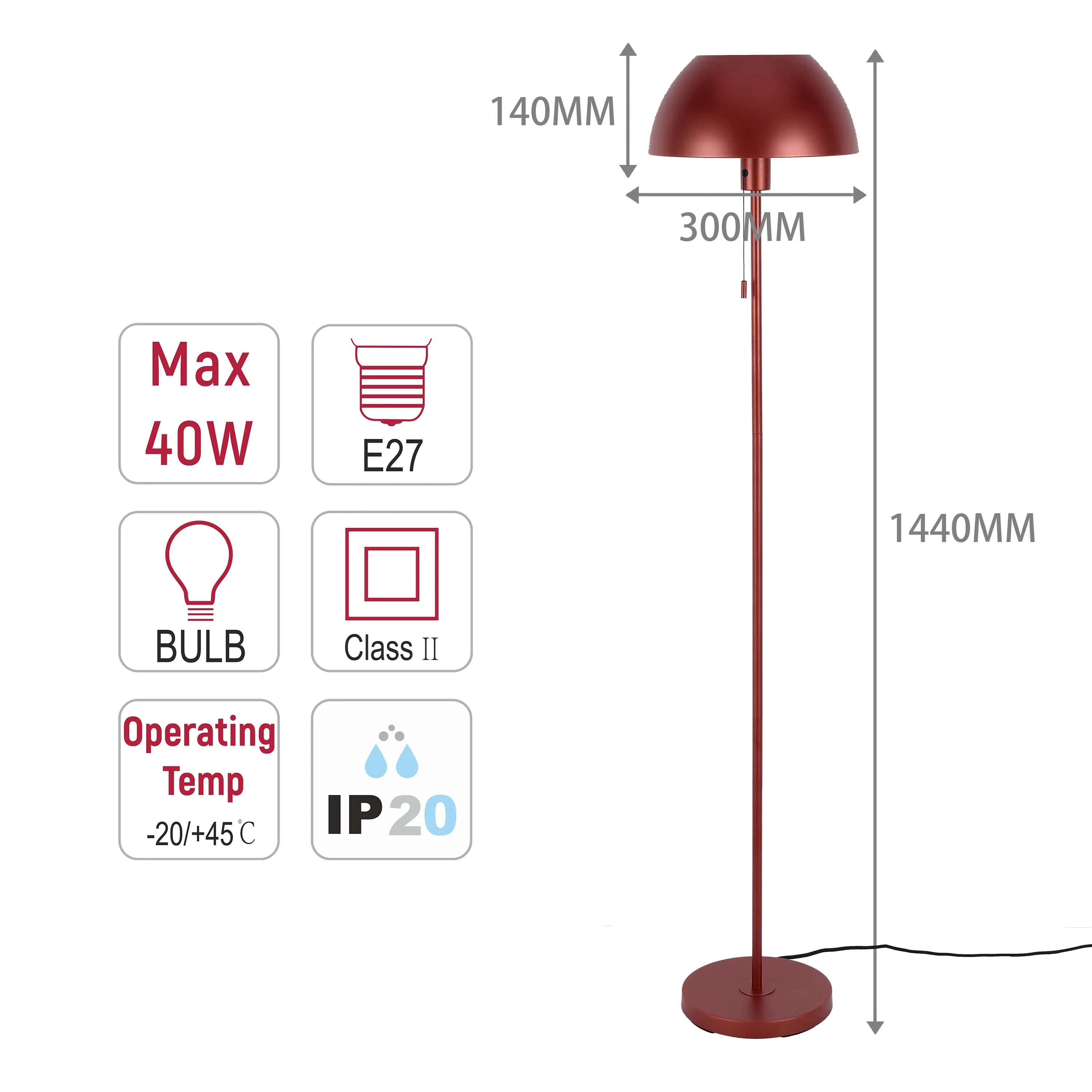 Maroon floor lamp with dome shade. Displays bulb, size, & temp specs. Max 40W, E27 bulb, 1440mm height.