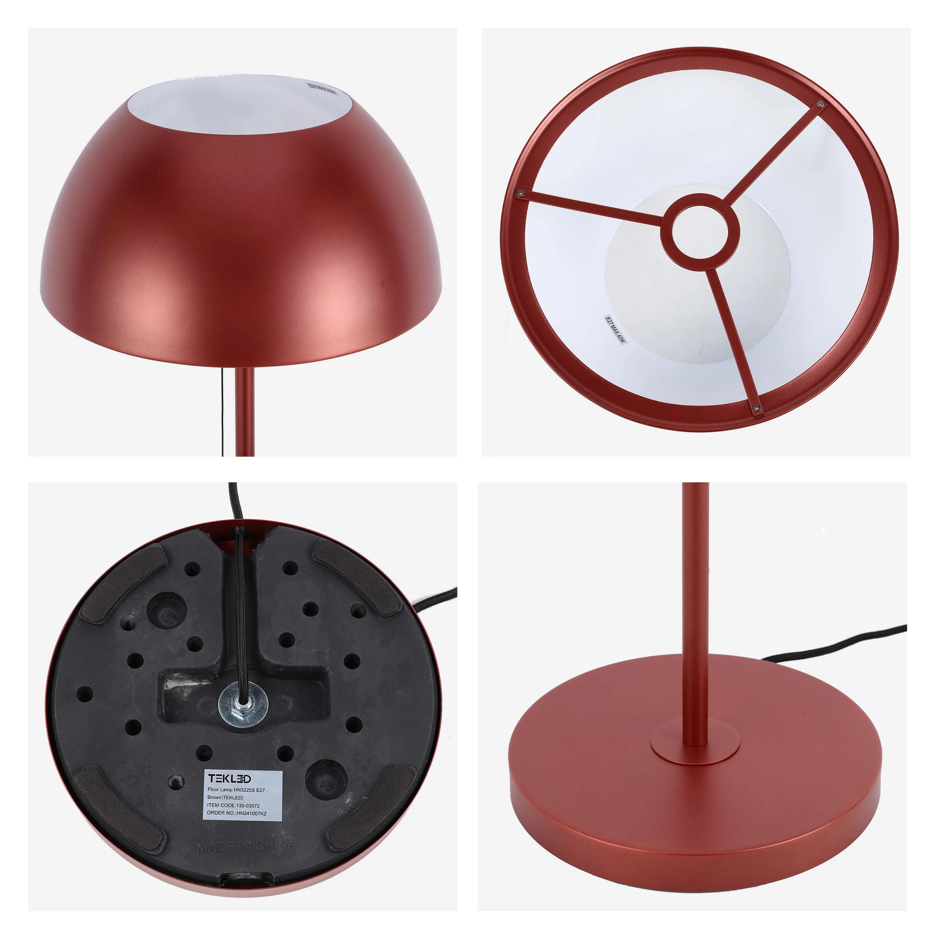 A modern, mushroom-style floor lamp in a red-brown finish. Four views show the lampshade, base and internal supports.