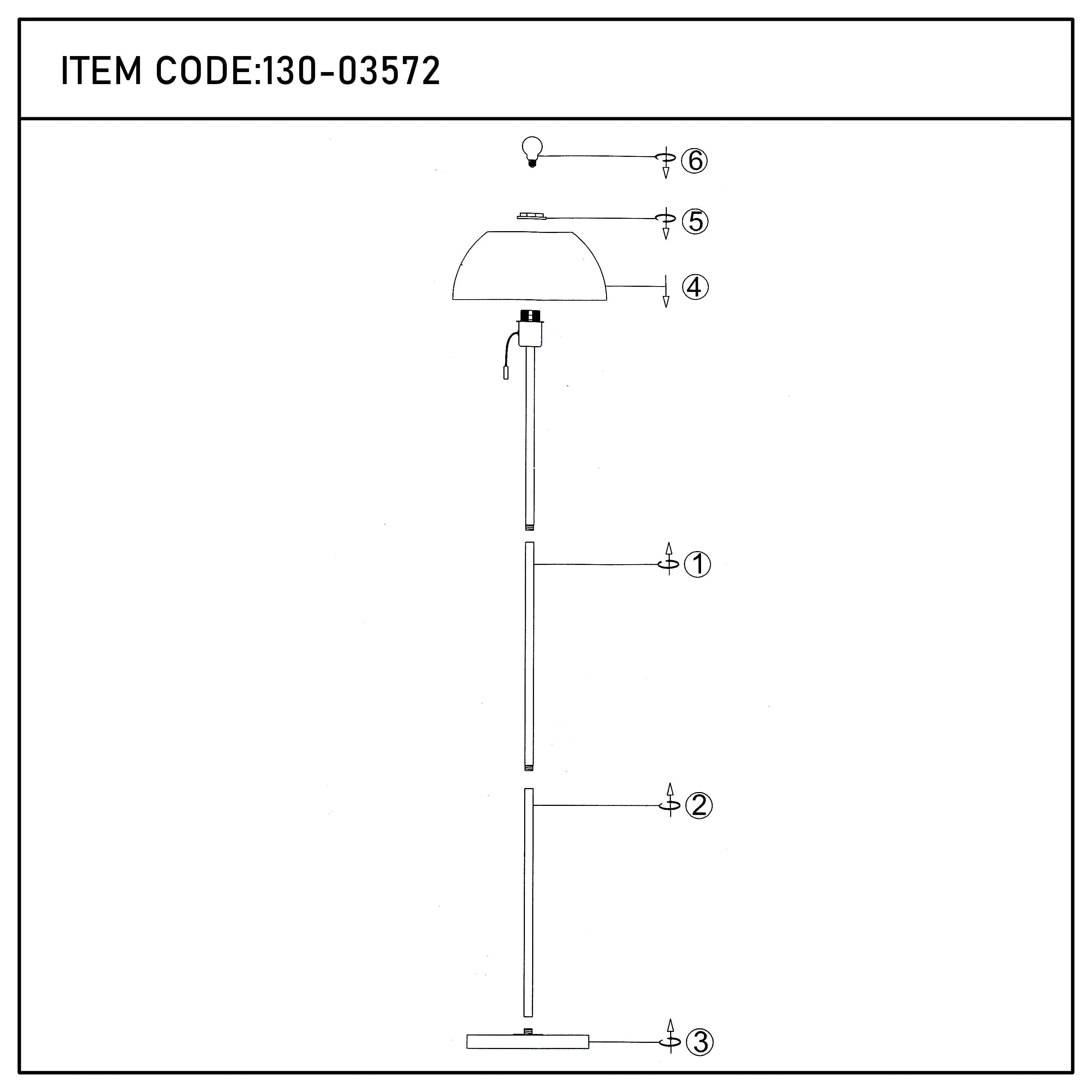 An exploded diagram of a floor lamp with a domed shade, numbered for assembly.