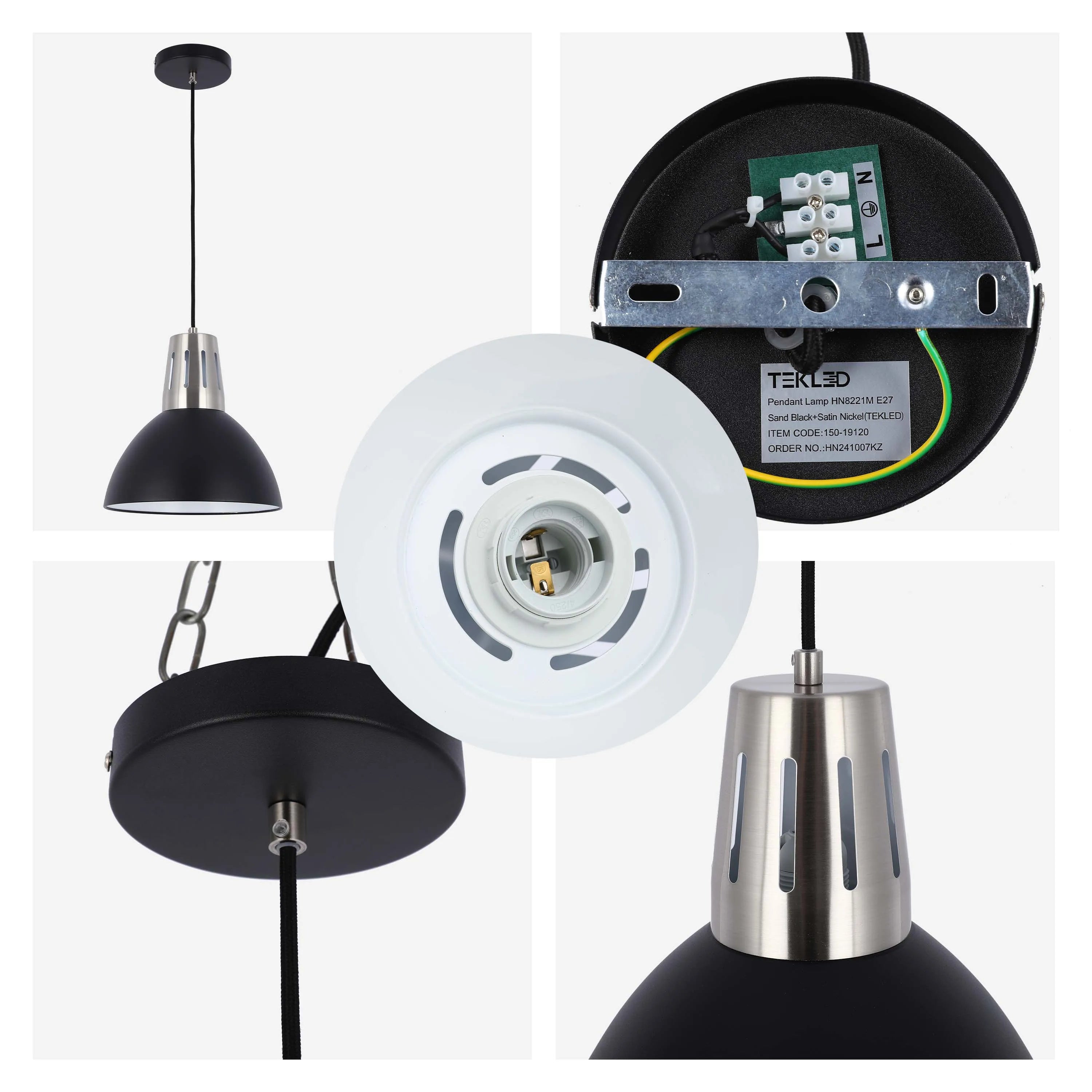 A black and silver pendant lamp with a domed shade. Modern and stylish lighting for any room.
