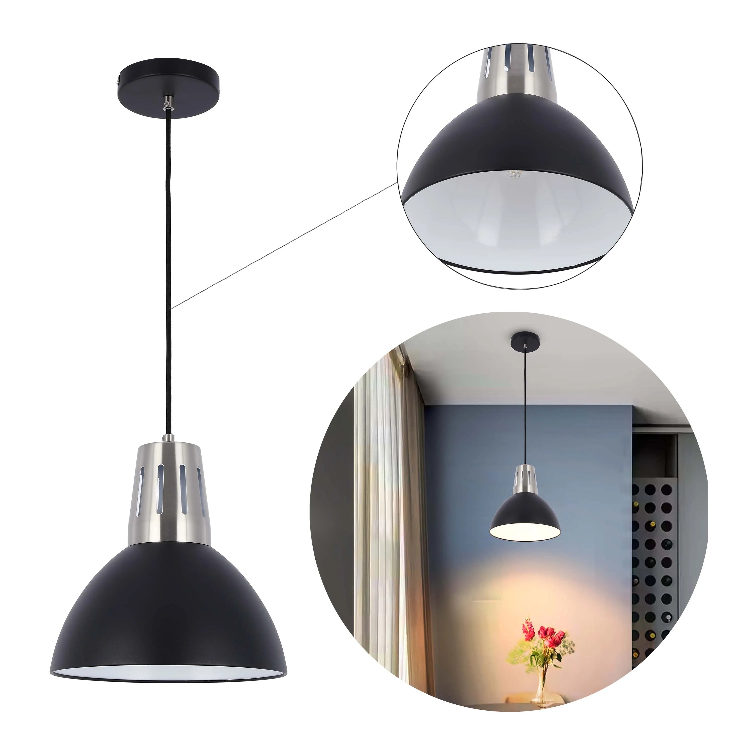 Stylish black and silver pendant light. Its sleek, industrial design adds a touch of modern elegance to any interior.