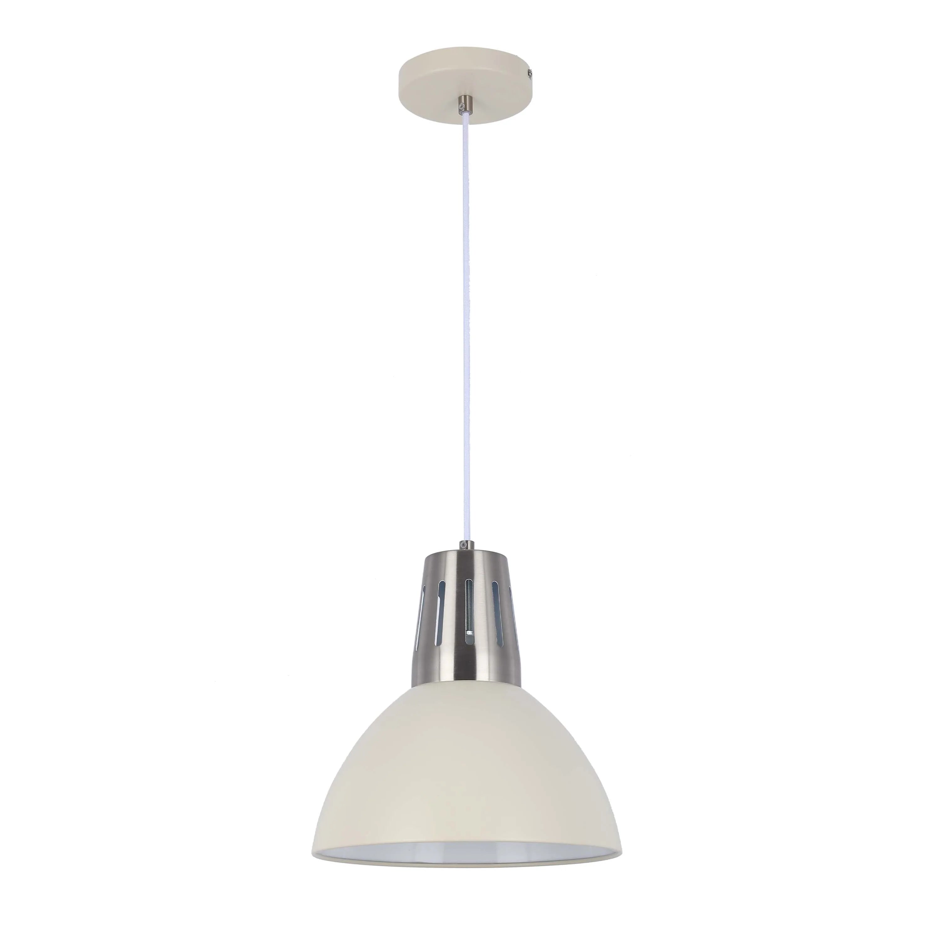 Contemporary pendant light with a cream dome shade and brushed steel detailing, suspended from a matching ceiling rose.