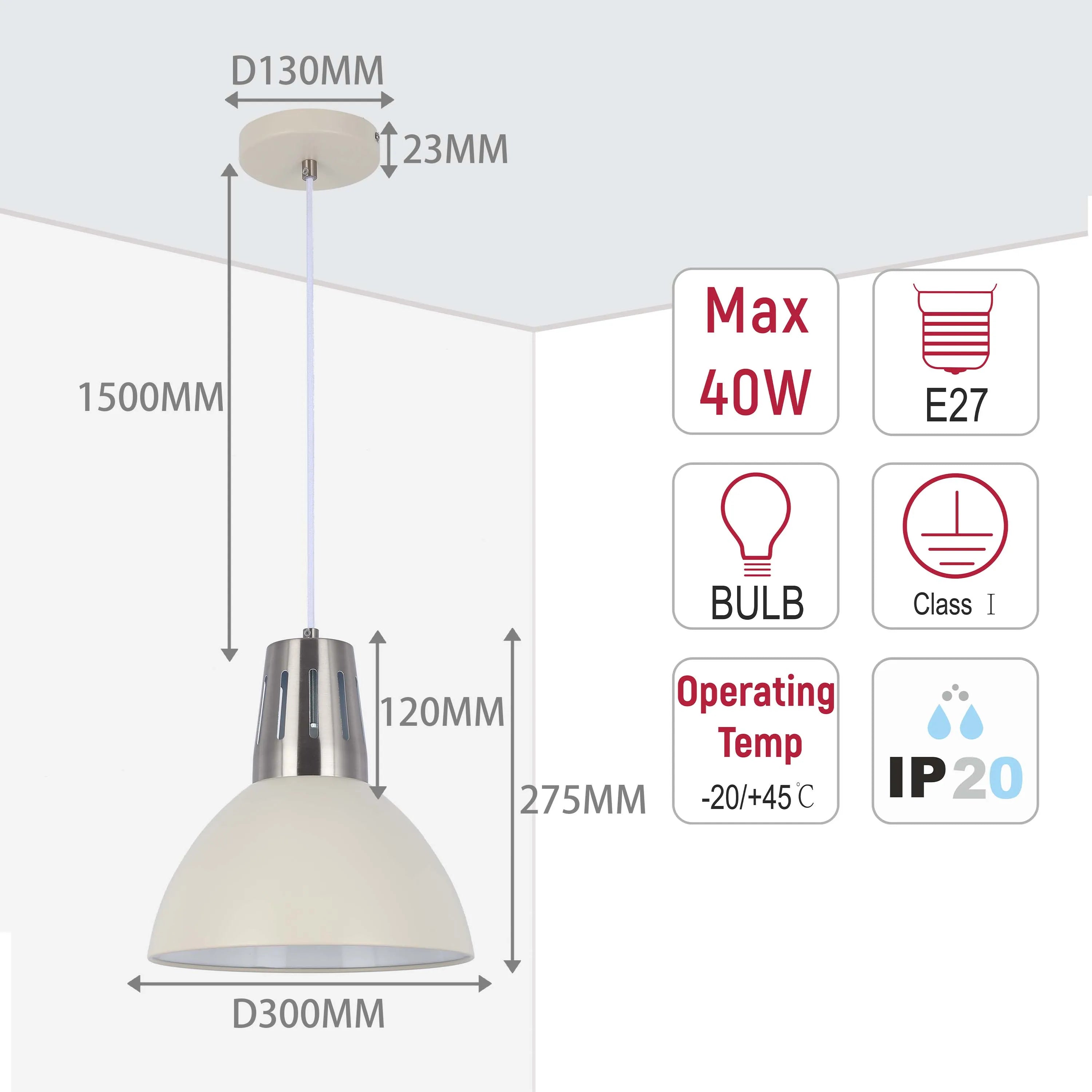 Cream pendant light dimensions: 1500mm drop, 300mm diameter. Max 40W, E27 bulb. Operating temp -20/+45°C, IP20 rated.