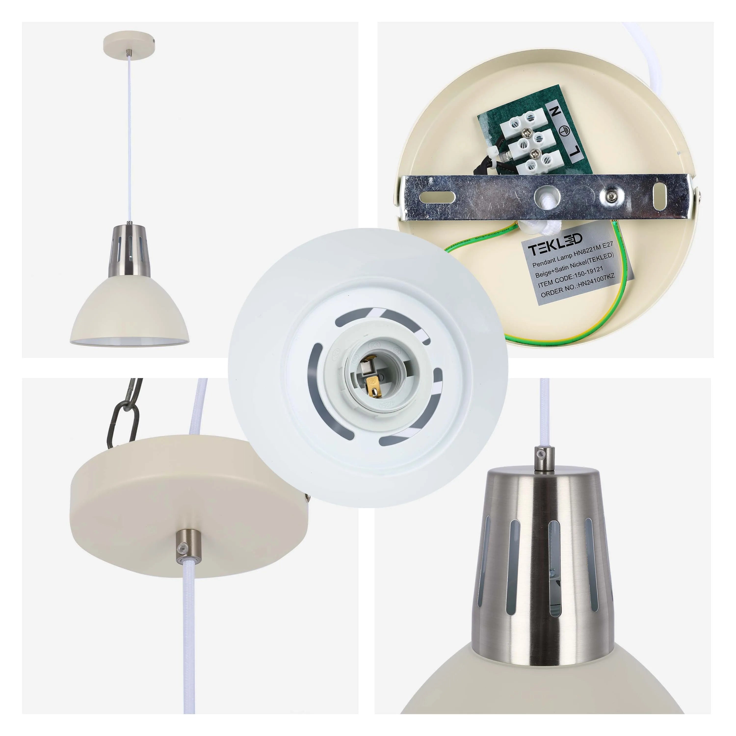 Beige and satin nickel pendant lamp, E27 fitting. Modern style hanging light for interior spaces.